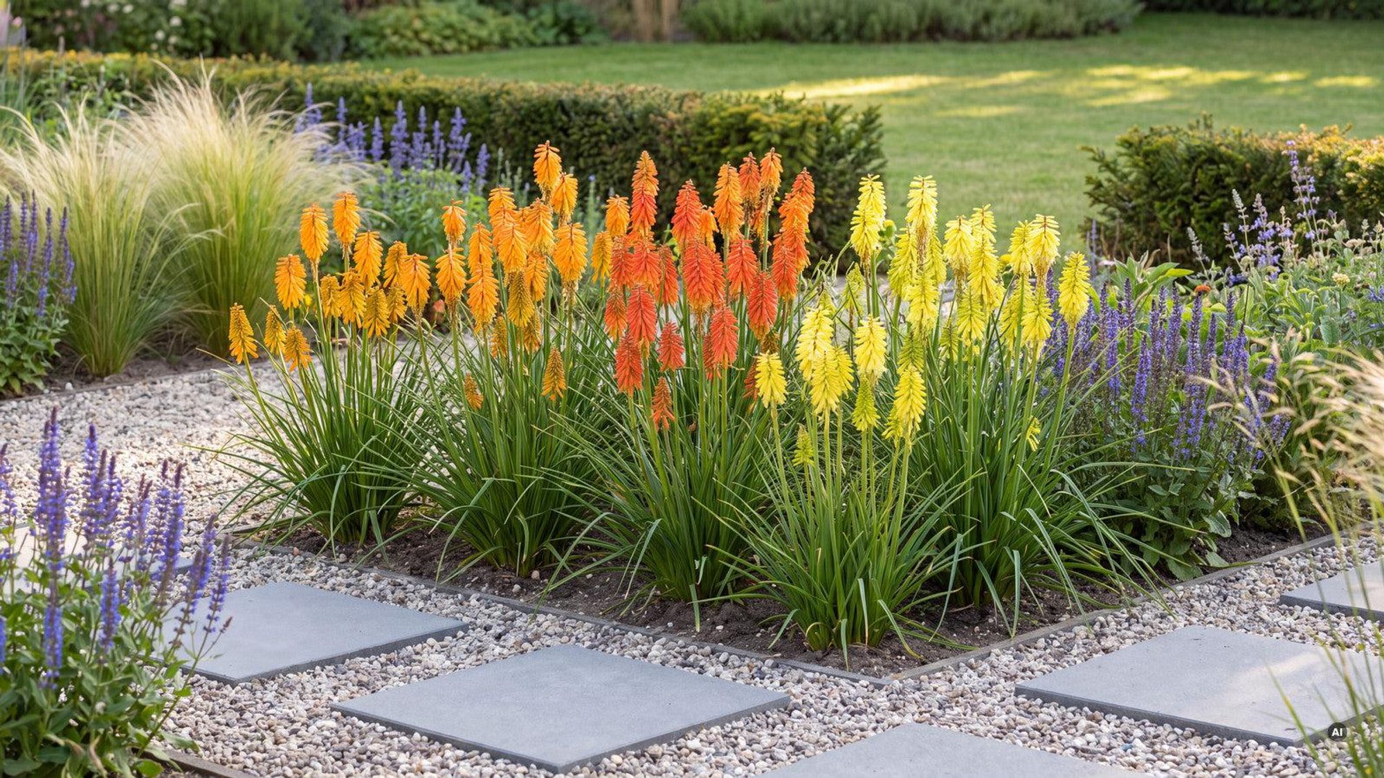 Kiesbeet mit Fackellilien in Mango-Orange, Feuerrot und Zitronengelb