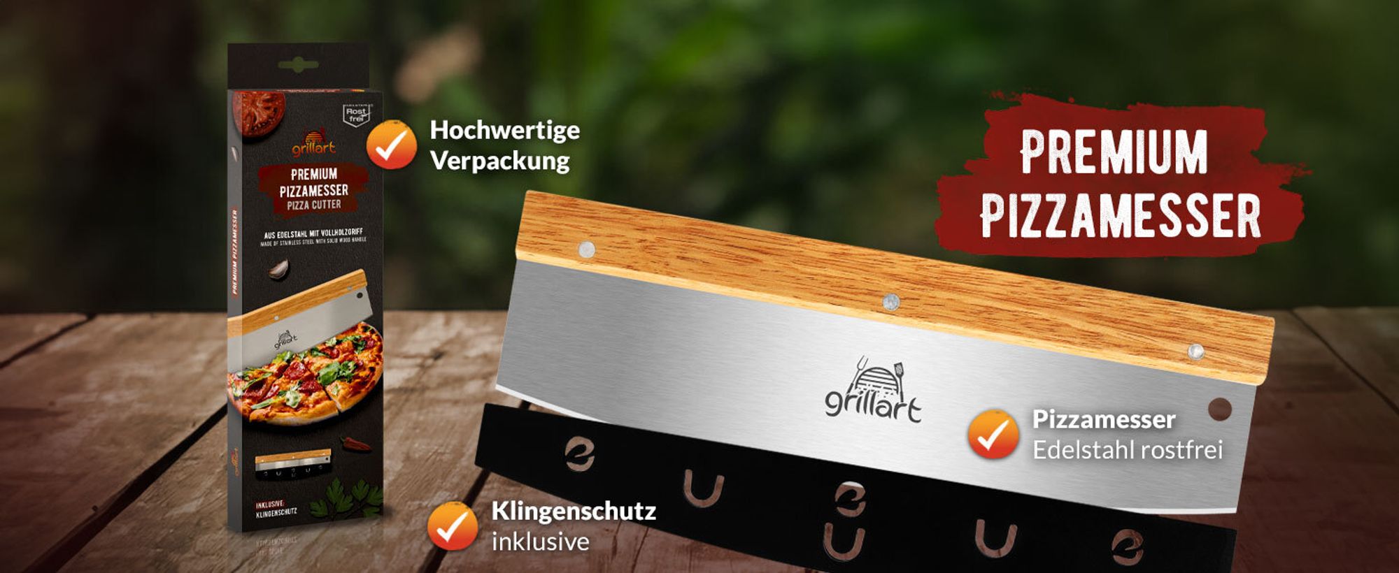 grillart® Premium Pizzamesser – Extra scharfer Edelstahl Pizzaschneider mit Holzgriff