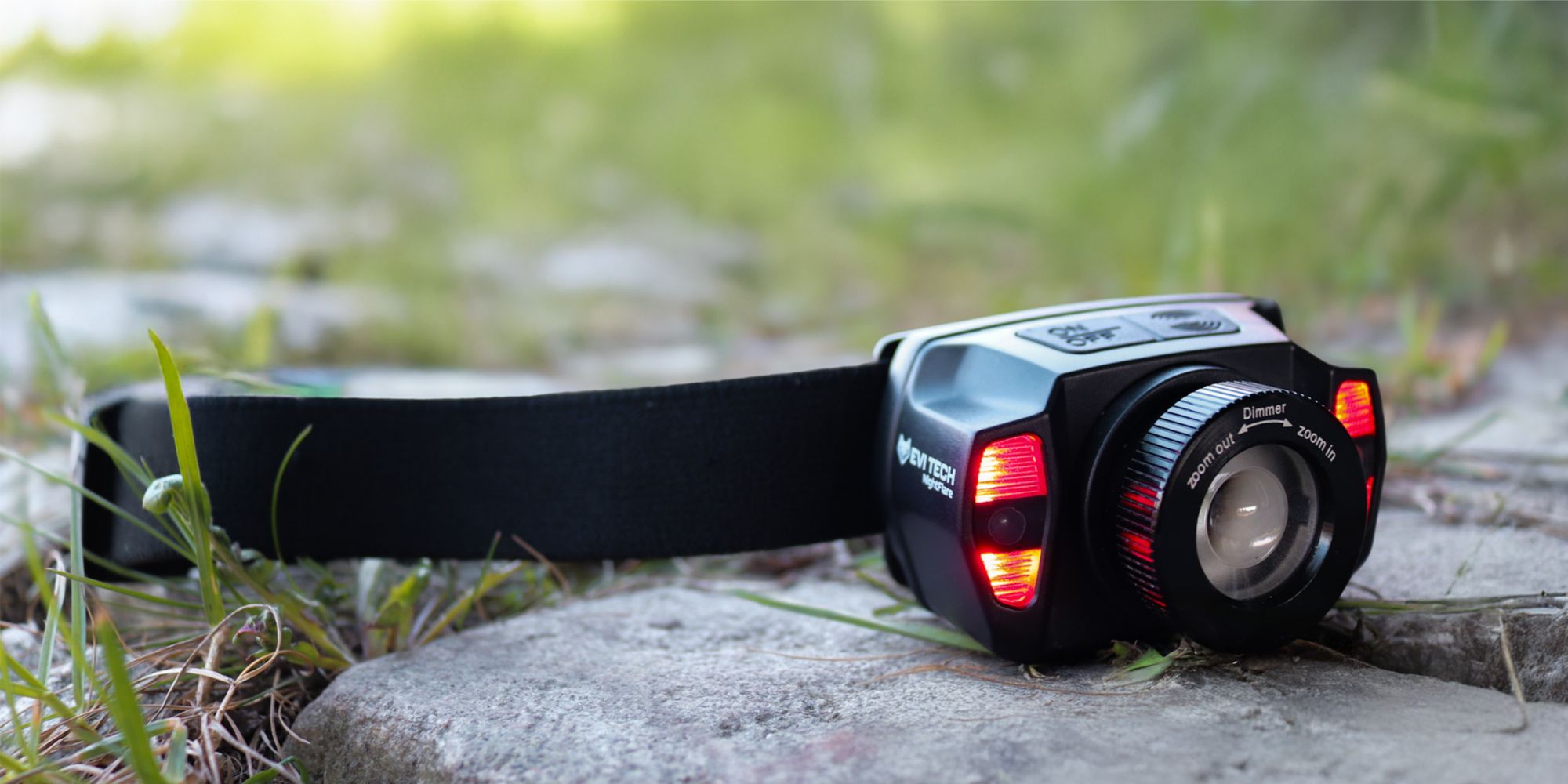 LED čelovka dobíjecí, 360 lm čelovka s ovládáním gesty a zoomem, červené světlo a vodotěsnost IPX4, 1800 mAh baterie, EVI TECH NightFlare