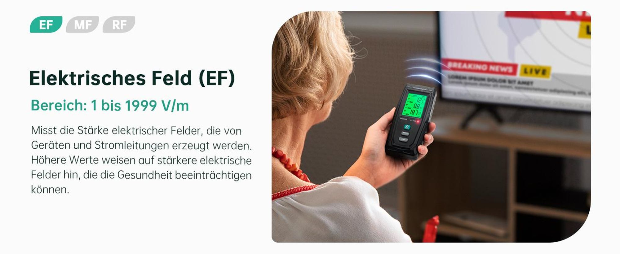 ERICKHILL RT-100S EMF Messgerät 3-in-1 | EF/MF/RF-Prüfung | Akustischer Alarm