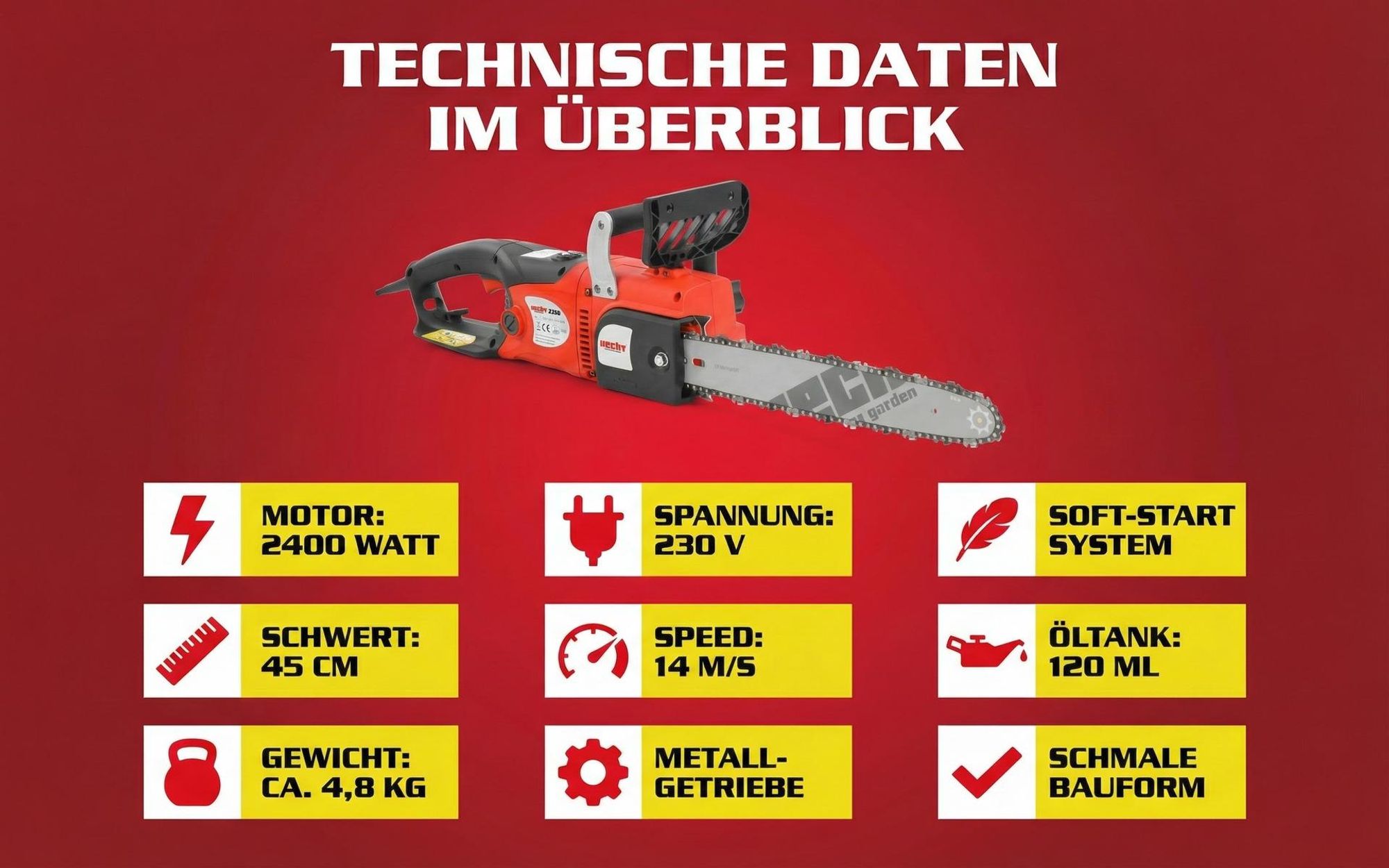Kettensäge Motorsäge Elektro HECHT 2250 | 40 cm Schnittlänge | 2400 W | Soft-Start | Ergonomisch
