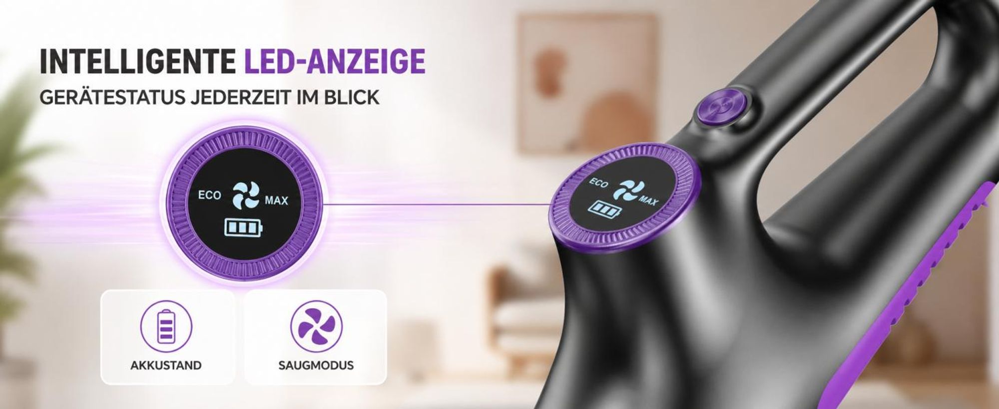 4-in-1 Akku-Staubsauger, 15.000 Pa, kabelloser Hand- und Stielstaubsauger mit LED-Anzeige & HEPA-Filter, für Hartboden, Teppich und Tierhaare, Lila