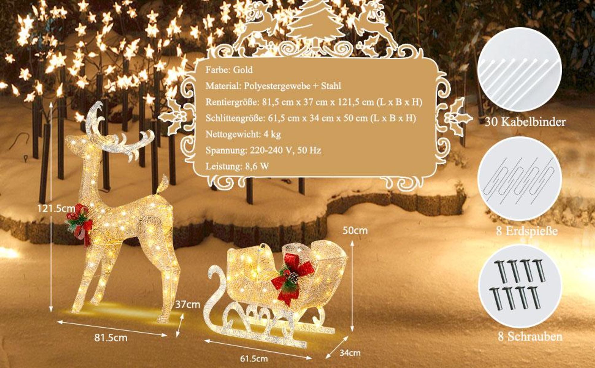 COSTWAY LED-Rentier mit Schlitten & 100 warmweißen Lichtern, beleuchtete Rentier Weihnachtsfigur, Weihnachtsdeko Weihnachtsbeleuchtung Außen & Innen