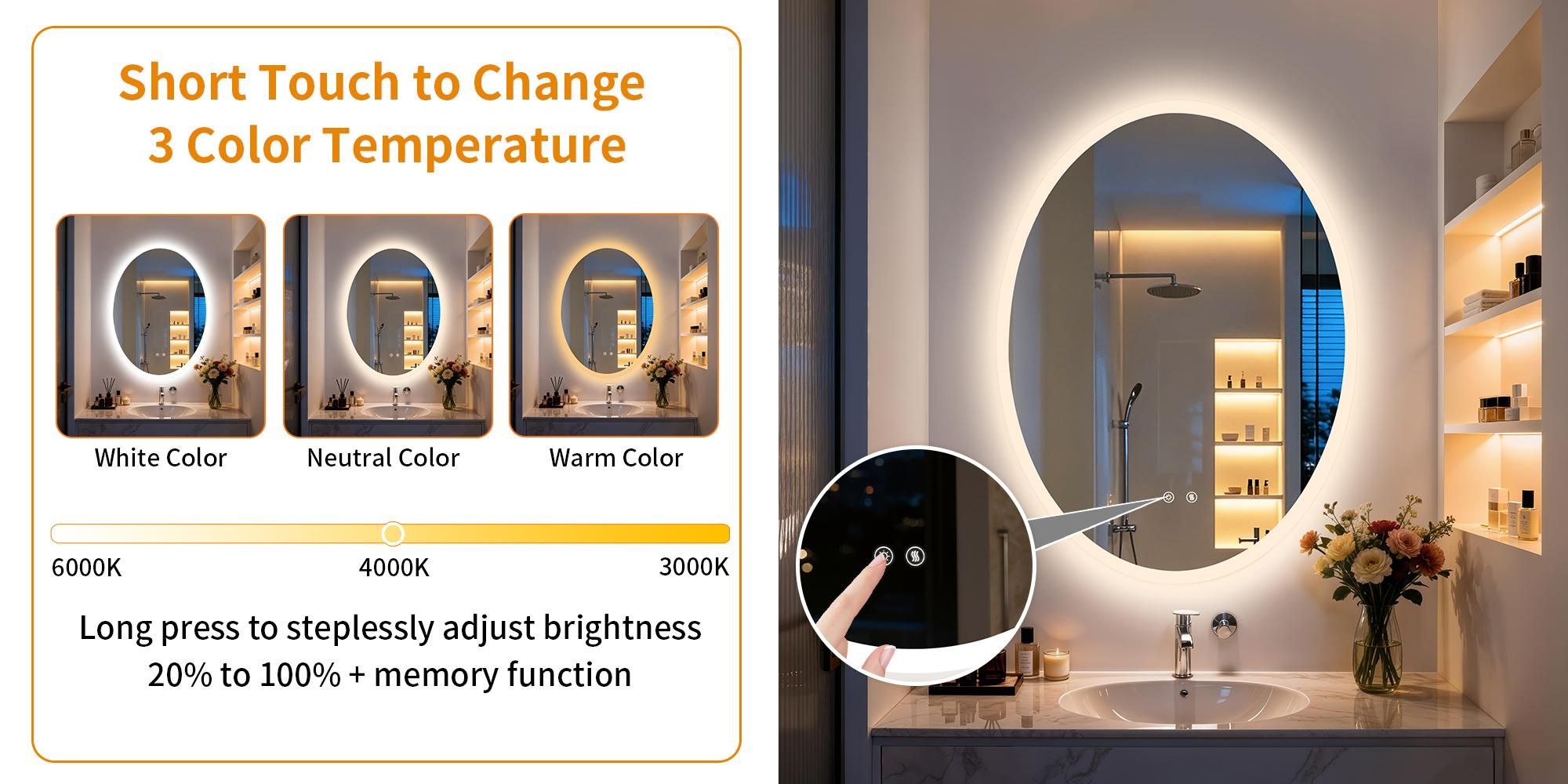 WISFOR Ovaler LED Badezimmerspiegel 70x90 cm Dimmbar Touch Anti-Beschlag 3 Lichtfarben
