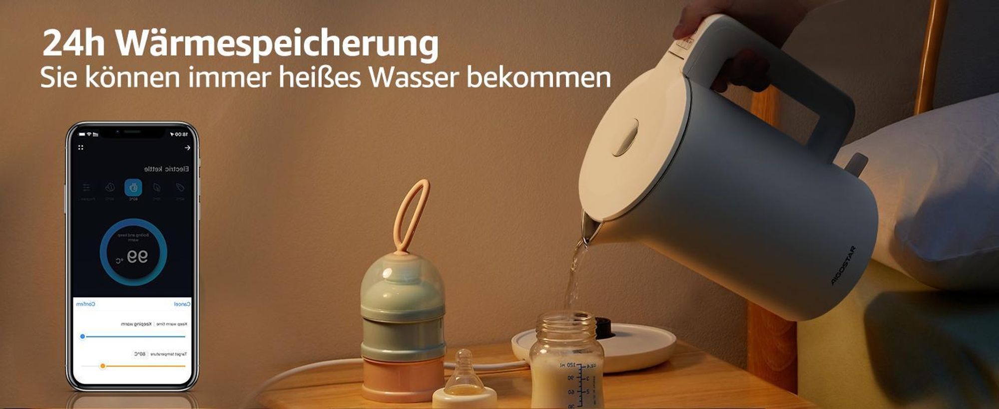 Aigostar Smart Glas-Wasserkocher 1,7L: WLAN & Alexa, 40°C-100°C Temperaturwahl, Innen 100% Edelstahl (Plastikfrei), Strix-Kontrolle, Weiß