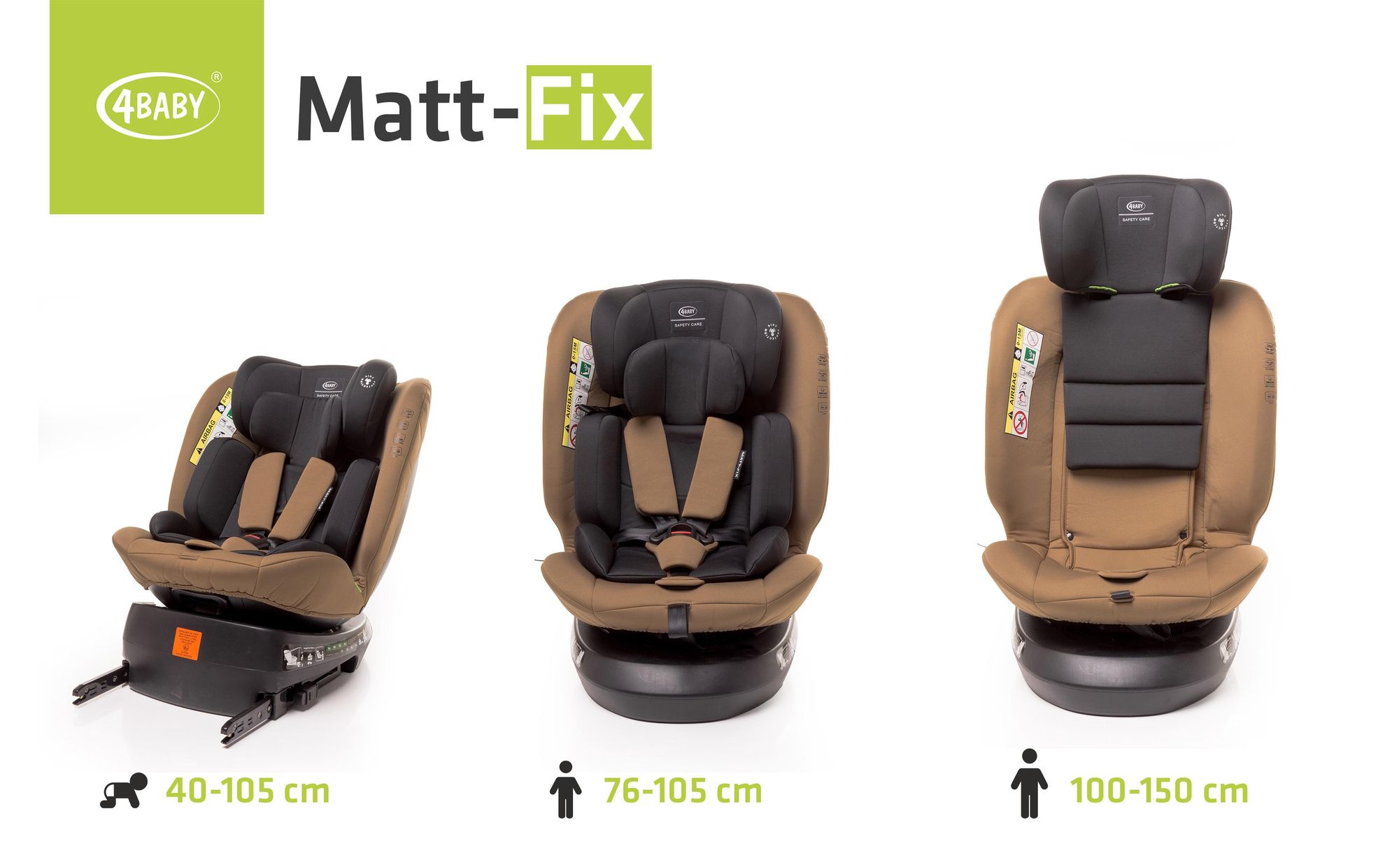 4BABY Kindersitz drehbar 360 ISOFIX Matt-Fix I-SIZE verstellbare Kopfstütze Sitz 0-36kg, 40-150 cm Mokka