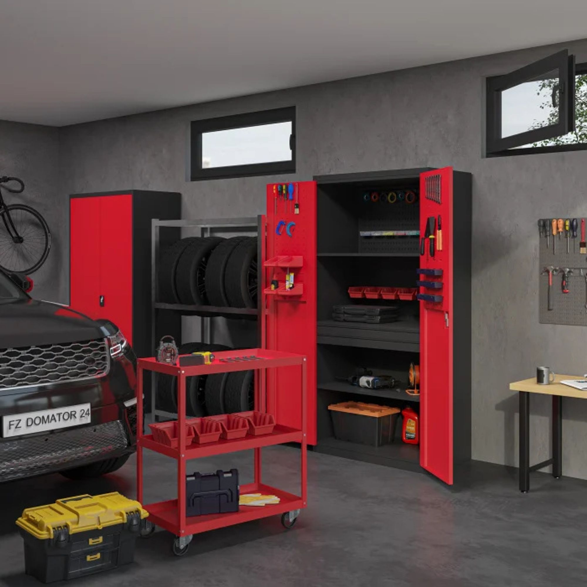 Werkzeugschrank Werkstattschrank mit Schubladen Flügeltüren 3 Fachböden Pulverbeschichtung 185 cm x 92 cm x 50 cm, Farbe: Anthrazit-rot