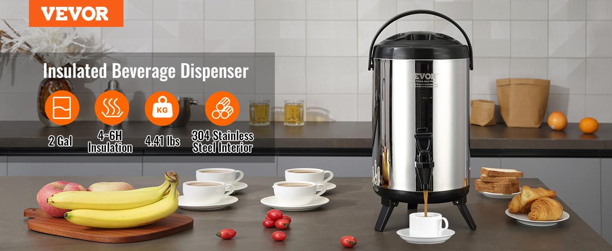 VEVOR Isolierter Getränkespender, 9,5 L, Lebensmittelgeeignetes LDPE Heiß- und Kaltgetränke-Server, Thermo-Getränkespender-Kühler mit 2,3 cm PolyurethanSchicht Zwei-Stufen-Hahngriff, für Restaurant-Getränkeshop, 7.6 L