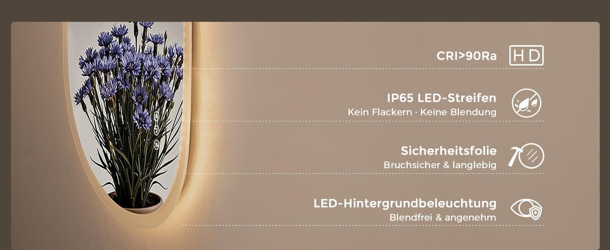 S'AFIELINA Badspiegel mit Beleuchtung 60x80 cm, LED Badspiegel asymmetrisch, rahmenlos, 3 Lichtfarben, dimmbar, Anti-Beschlag, Memory-Funktion