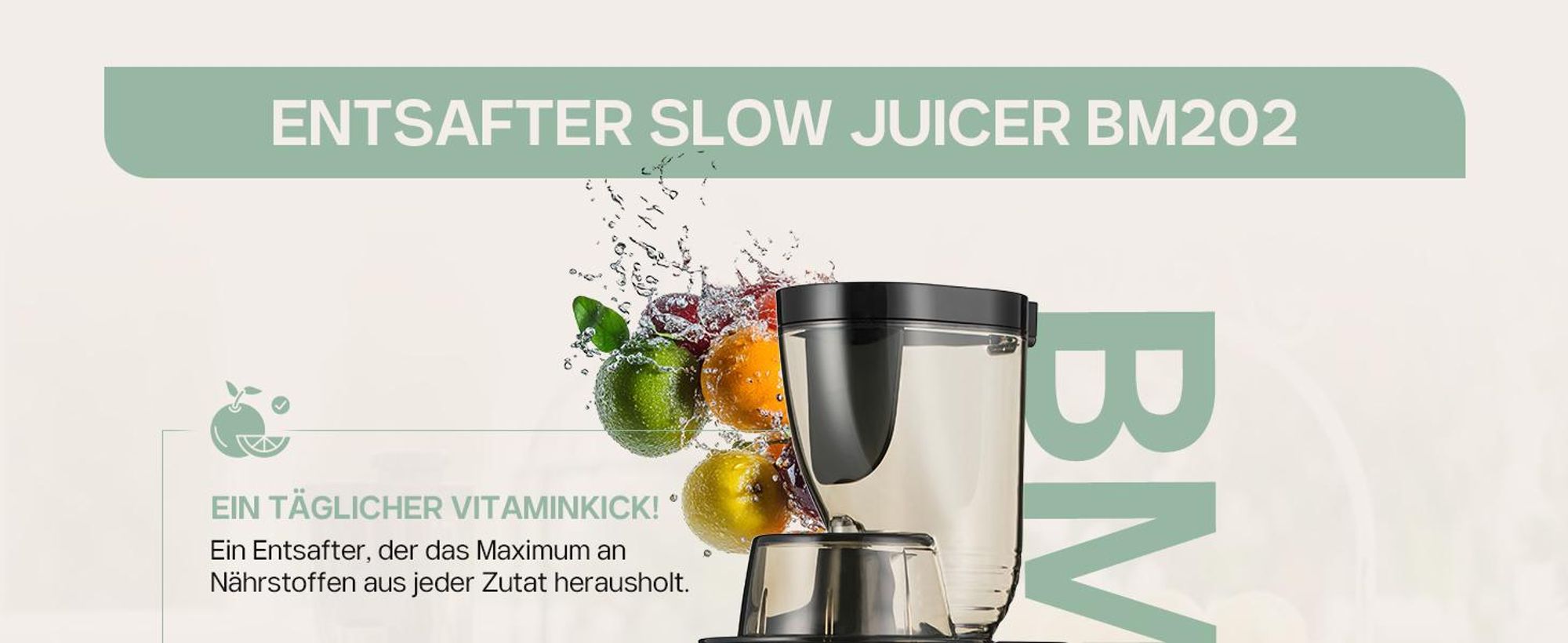 4Swiss Entsafter | Slow Juicer BM202 | Entsafter, Saftpresse, Kaltpressung | 40 U/Min, Ultem-Schnecke, XXL-Einfüllschacht, Leise, BPA-frei