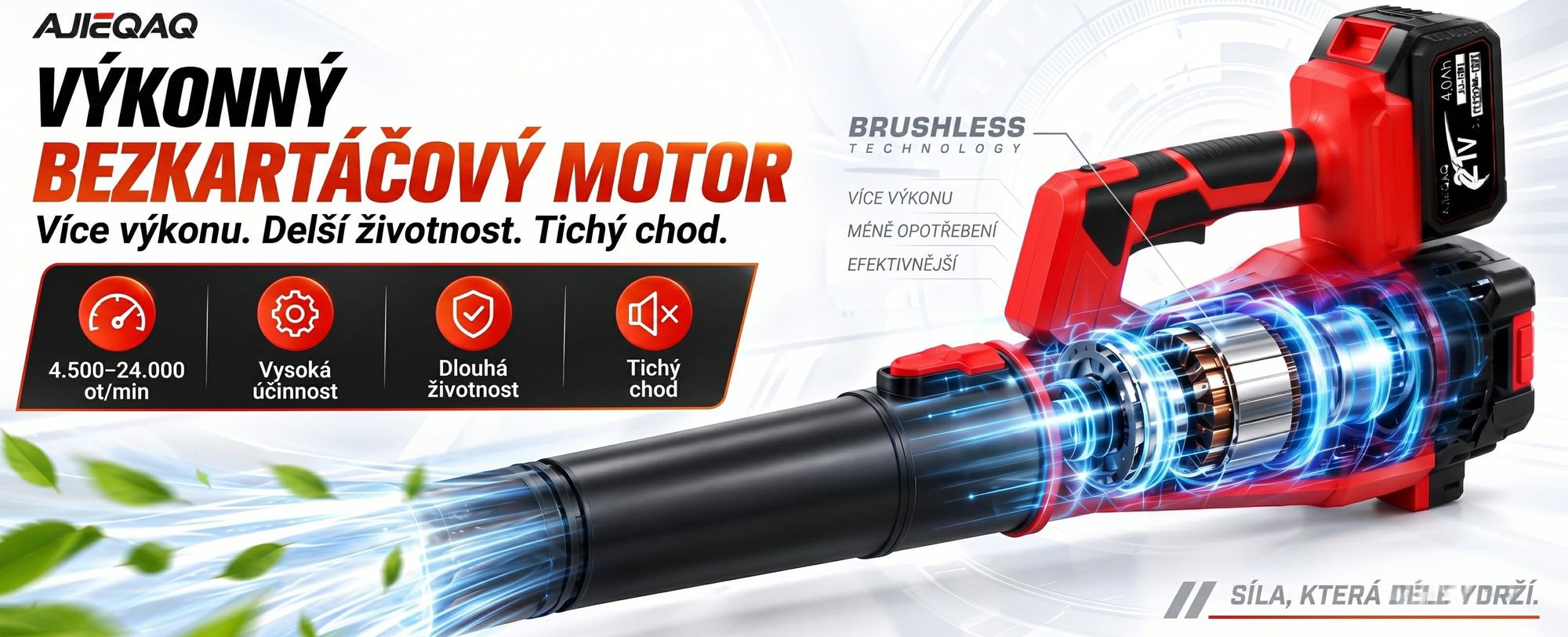 Aku foukač listí 21V Brushless, 2×4,0Ah baterie, 320 km/h, 6 stupňů s Turbo režimem, 1000W, bezdrátový foukač se 2 trubicemi