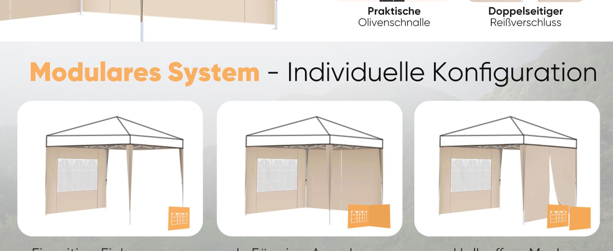 Sekey 2 Seitenteile für 3x3 /3x6m/3x9m pavillon mit Reißverschluss und Fenster, Taupe