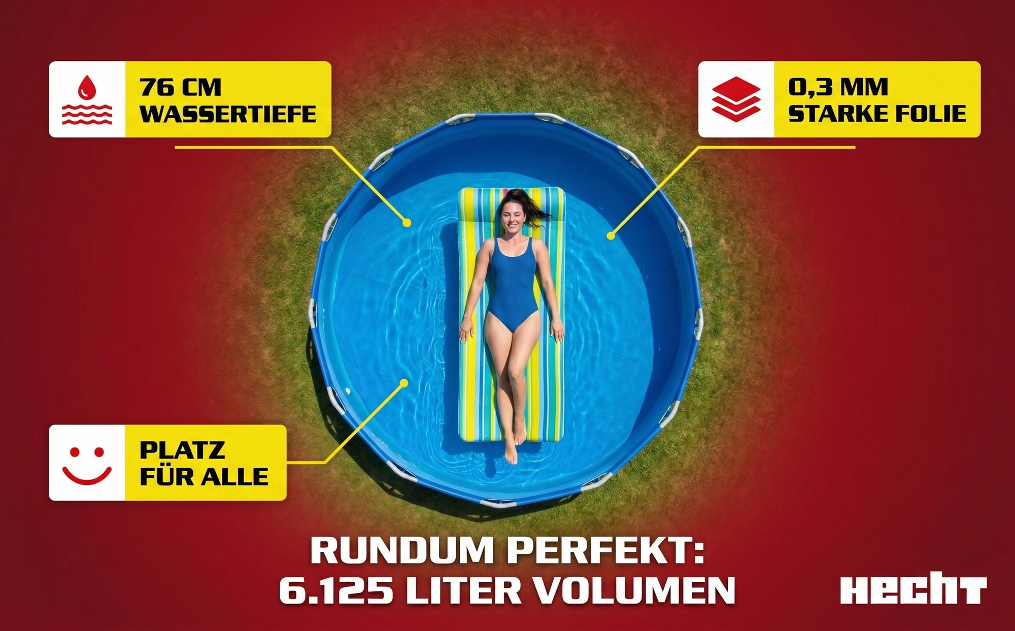 HECHT 3690 Metall Frame Pool Gartenpool | 360 x 76 cm | 6125 Liter | 2 x 32 mm Ø-Pumpenanschluss