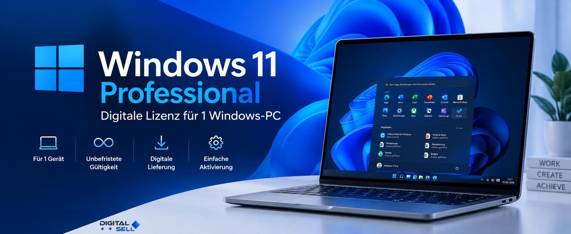 Windows 11 Professional – digitale Lizenz für 1 Windows-PC mit einfacher Aktivierung.
