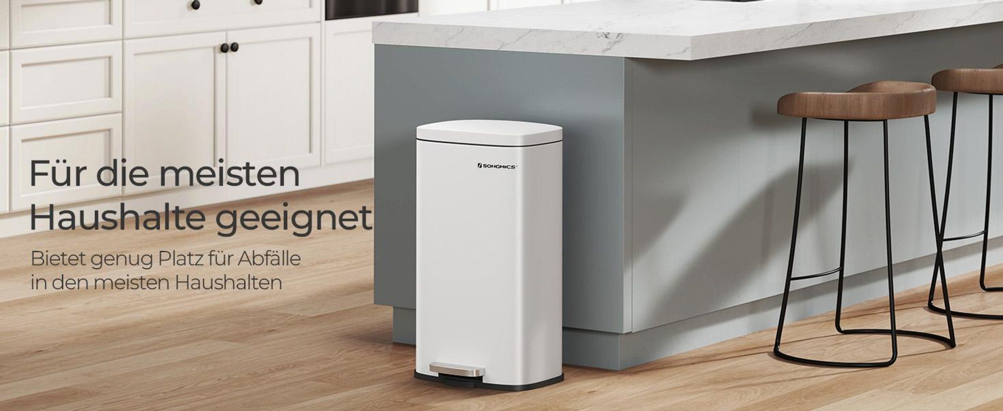 SONGMICS Mülleimer für die Küche | 30 L Abfalleimer mit Pedal Treteimer mit Inneneimer aus Kunststoff geruchsdicht und hygienisch weiß LTB03WT