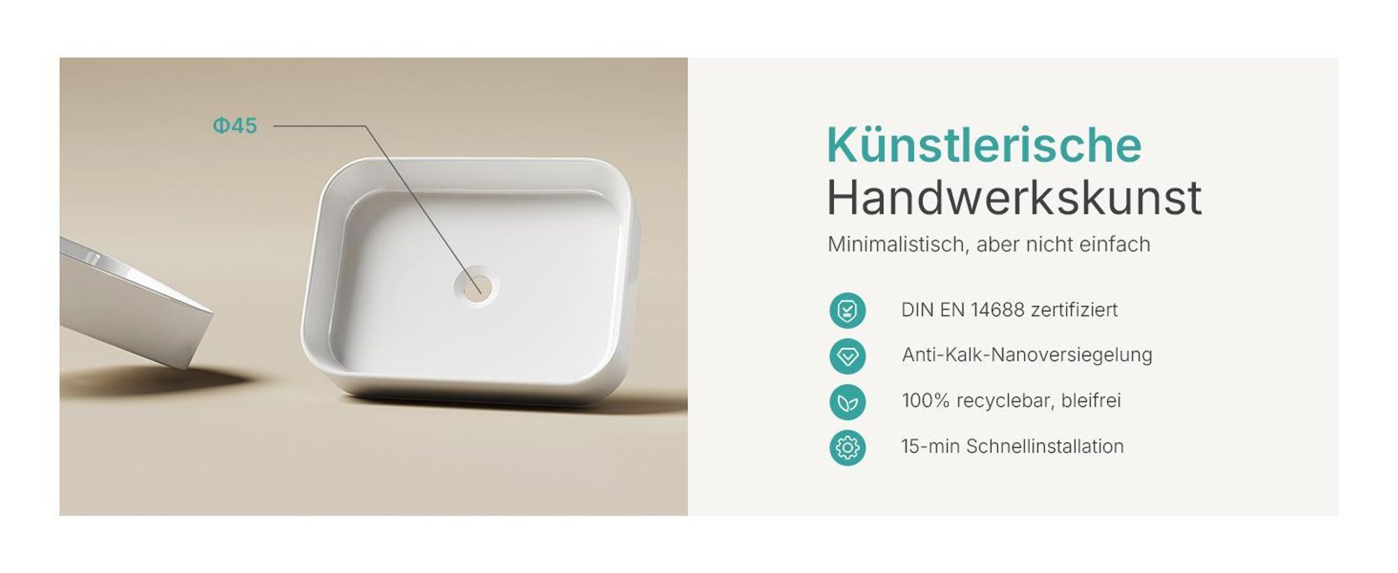 EMKE Aufsatzwaschbecken 505/510x370mm Rechteckig mit sanften Rundungen, Keramik Glänzend Weiß, ohne Hahnloch & Überlauf, Modernes Design