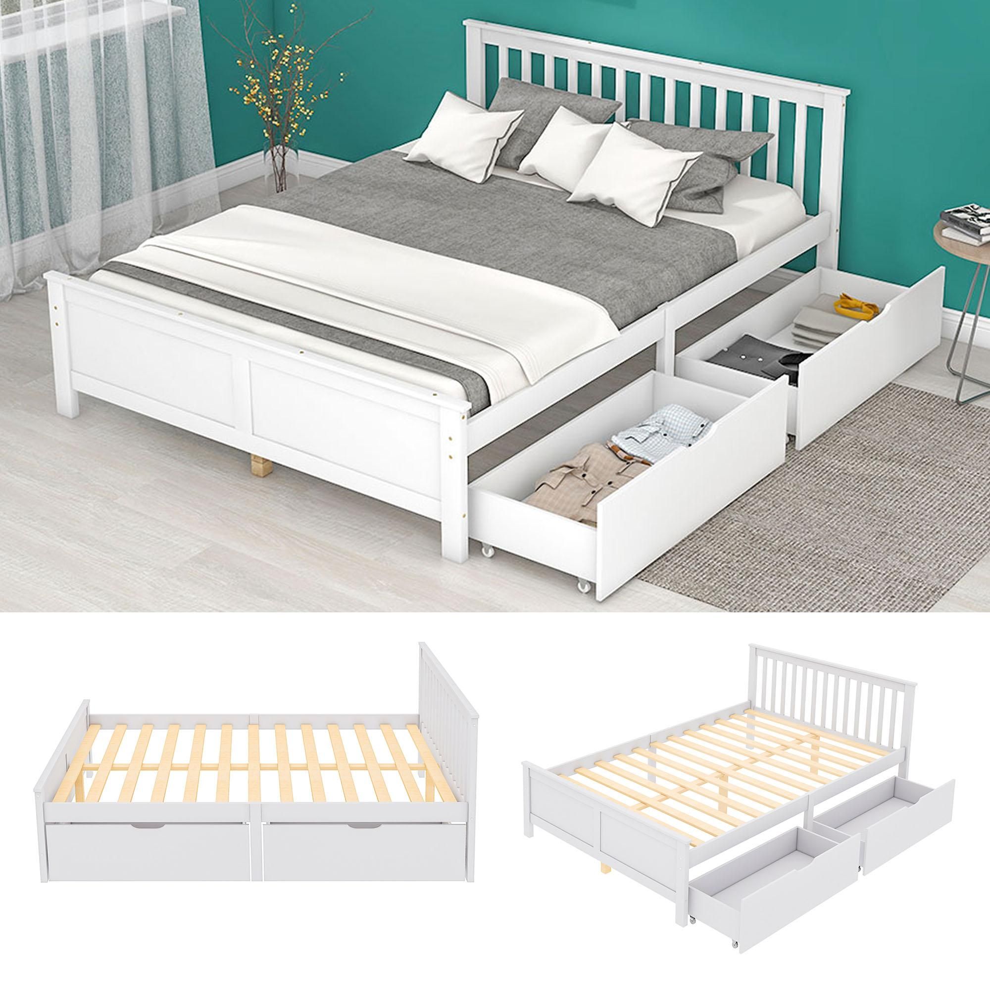 Merax Doppelbett 140x200cm Massivholzbett mit Lattenrost und 2 Schubladen, Klassisches Bett Jugendbett Gästebett, Weiß