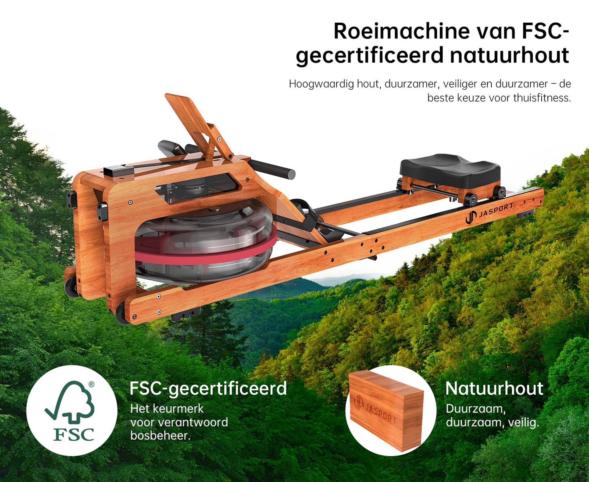 JASPORT R3 opvouwbare roeimachine vangecertificeerd eikenhout met waterweerstand, Bluetooth, LCD, Kinomap, 28 l, tot 150 kg – Cherry