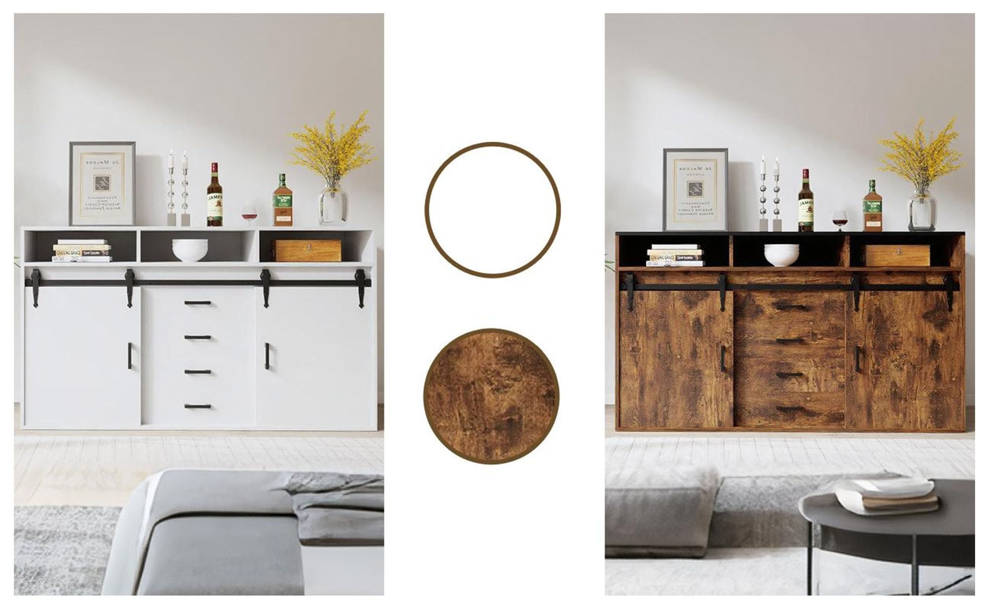 HOMAVO HG1-L Sideboard – 4 Schubladen, 2 Schiebetüren, 2 offene Fächer, pflegeleichte Melaminoberfläche,Holz, ideal für Wohnzimmer & Esszimmer