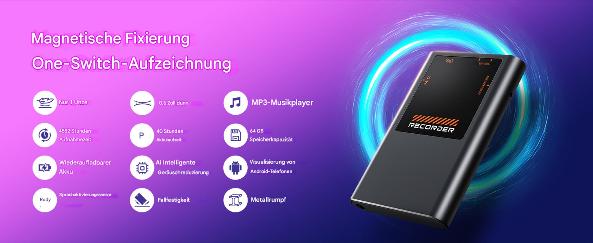 64GB Mini Digitales Diktiergerät - 3072Kbps Magnetic Diktiergerät Aufnahmegerä mit Playback, 7000 Stunden One-Touch Aufnahme mit AI Rauschunterdrückun