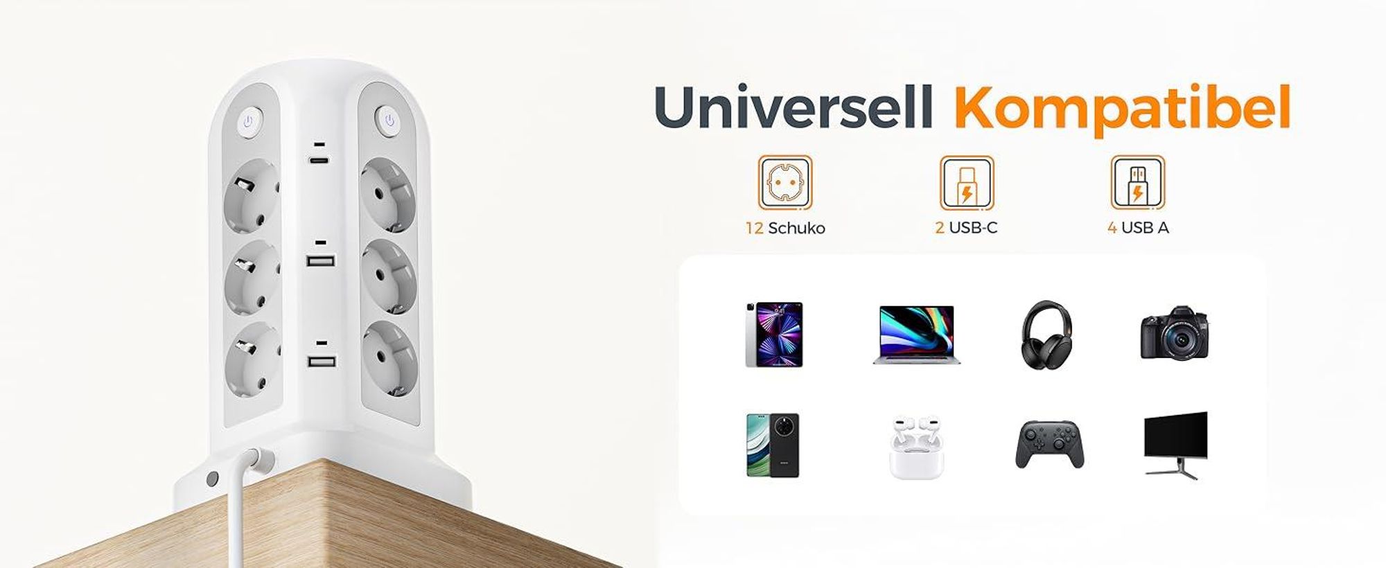 TESSAN 12 Fach Mehrfachsteckdose mit 2 USB C und 4 USB A Verlängerungskabel 5M Überspannungsschutz Steckdosenturm 3680W