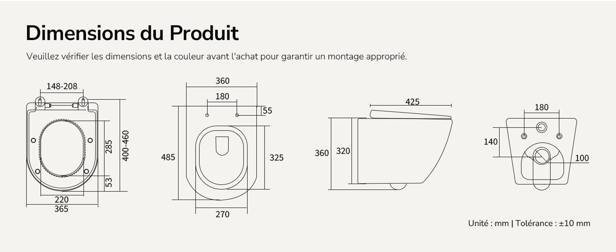 EMKE Toilettes suspendues sans rebord Céramique Économies d'eau Toilettes à fixation murale avec chasse d'eau directe Contre-rinçage à double trou Couvercle Soft-Close Noir mat