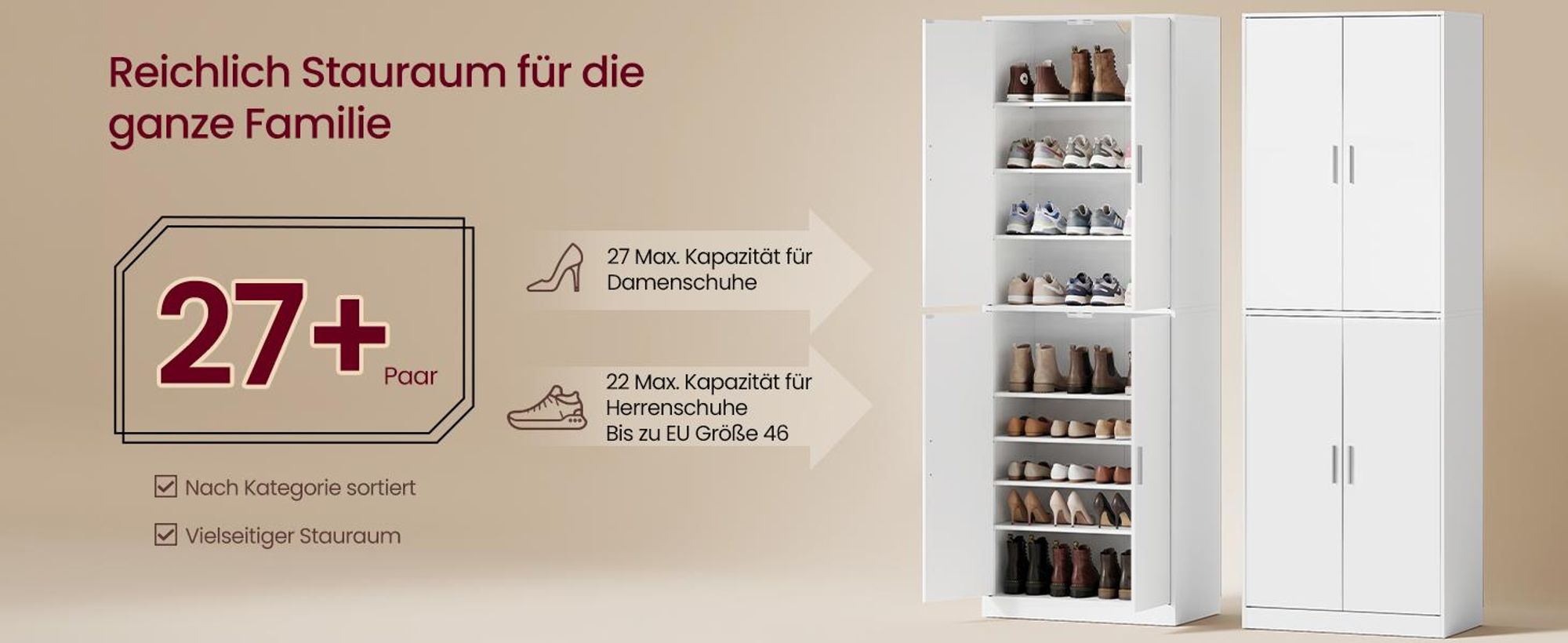VASAGLE Schuhschrank mit verstellbaren Ablagen, Aufbewahrungsschrank mit Türen, für Flur, freistehend, 9 Ebenen, weiß