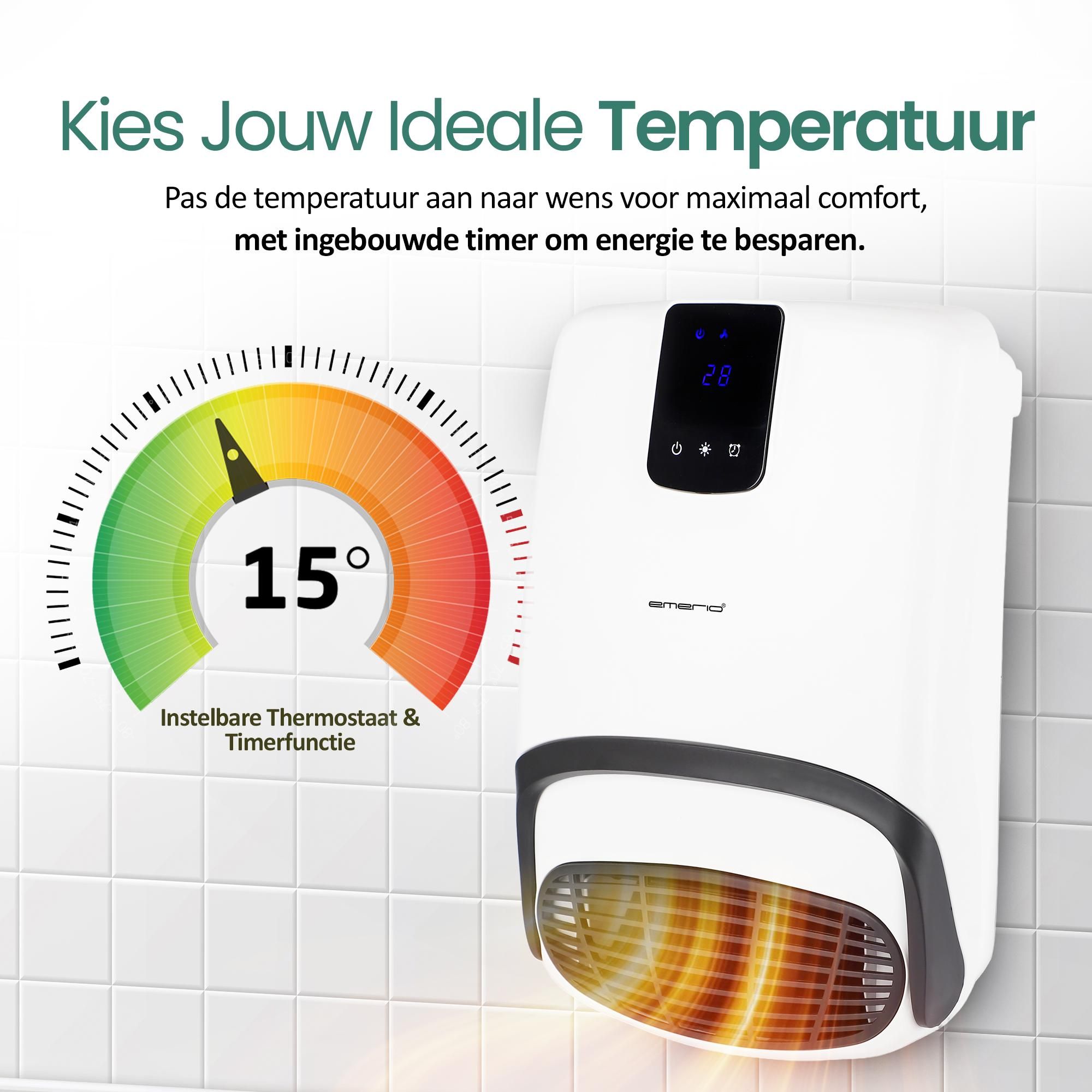 Emerio Badkamerverwarming – Voor Ruimtes tot 25 m² – Timer – Openraamdetectie – IP23 – Afstandsbediening – Touchdisplay – Handdoekhouder – BH-123818