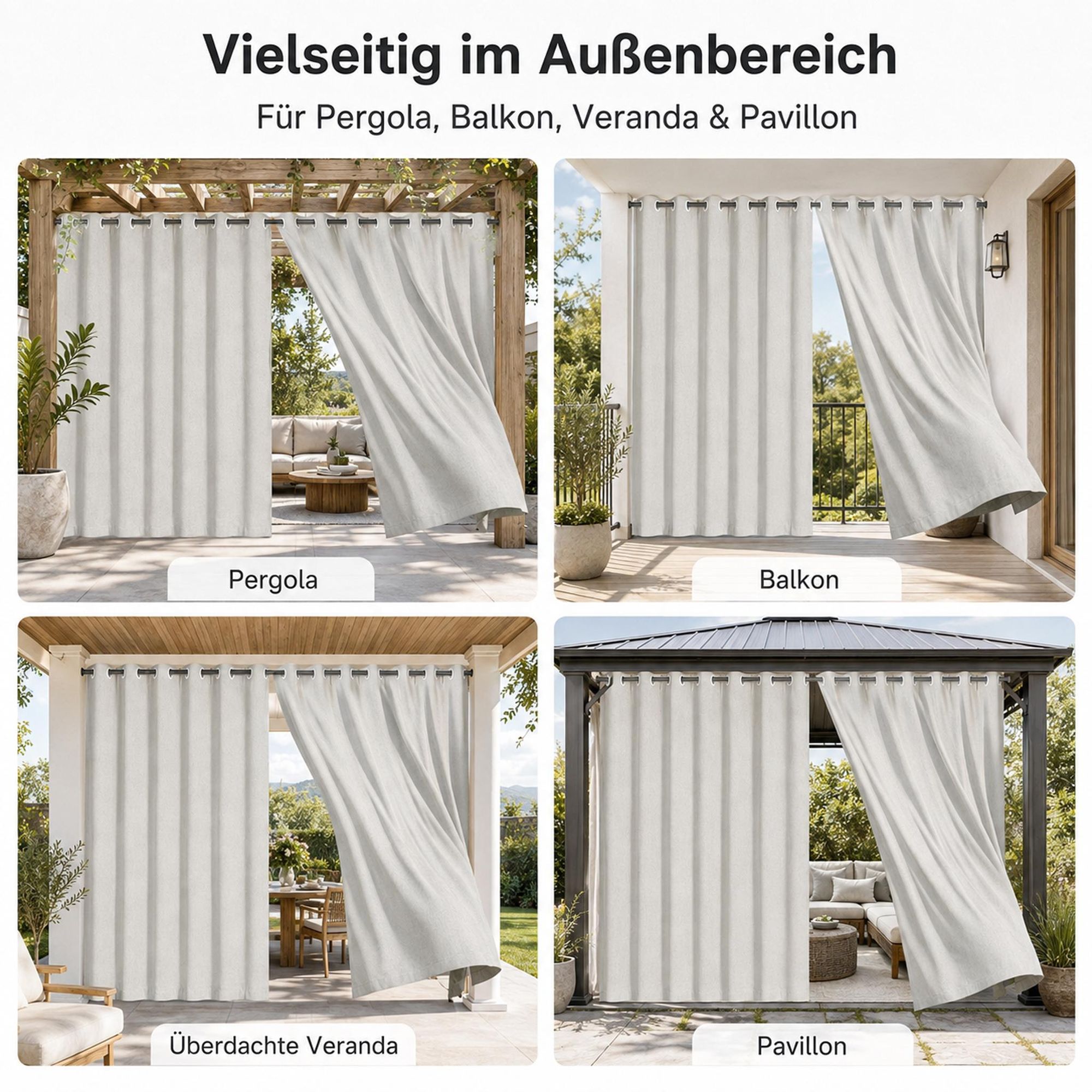 Outdoor Vorhang mit Ösen Grauweiß 254 x 214 cm Winddicht Thermo Gardine Extra Breit 100% Verdunkelung UV Schutz Blickdicht Balkonvorhang für Pavillon Terrasse