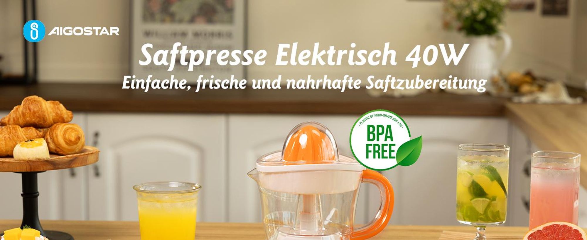 Aigostar Orangenpresse, Zitruspresse, Entsafter Saftpresse Elektrisch 2 Kegel, Orangenpresse, Zitruspresse , 40W, Hohe Saftausbeute, Tropfsicherer