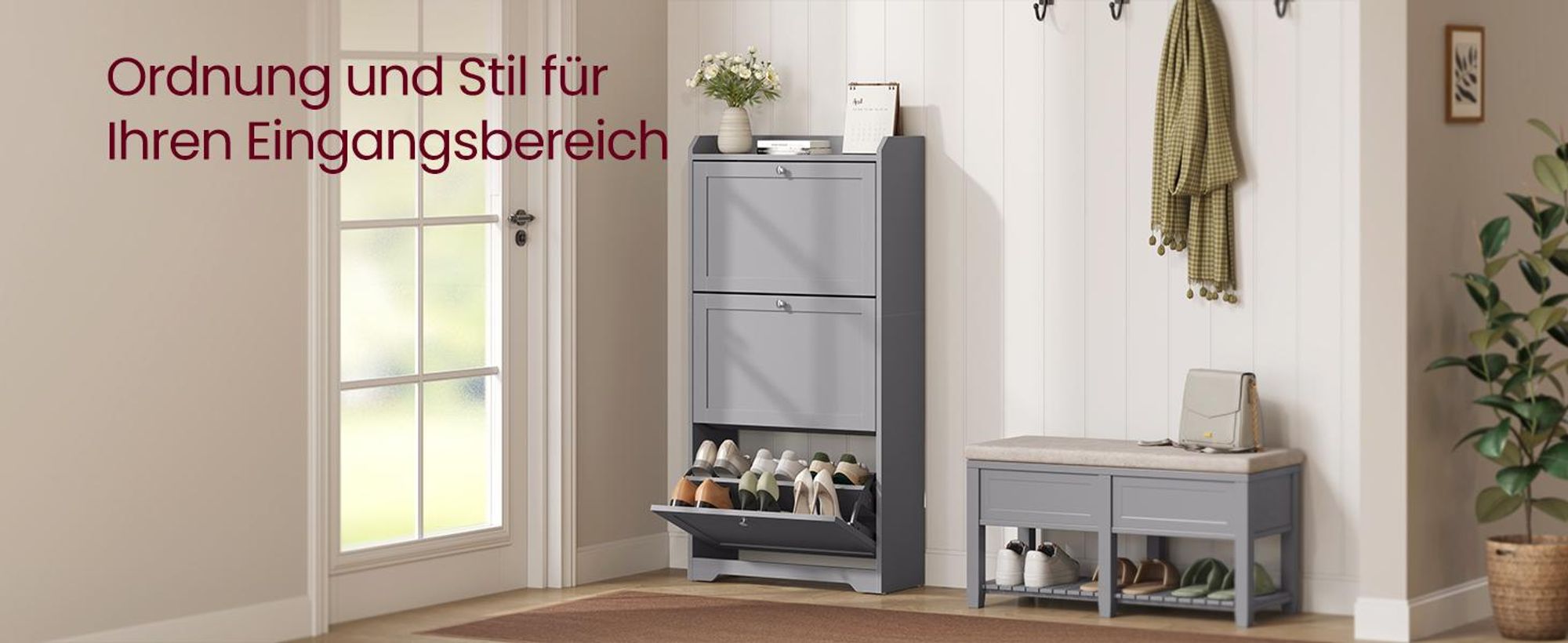 VASAGLE Schuhschrank 3 Klappen, Schuhkipper, Schuhregal, Schuhaufbewahrung, Oberplatte, Trennwand verstellbar, für bis zu 18 Paar Schuhe, Flur