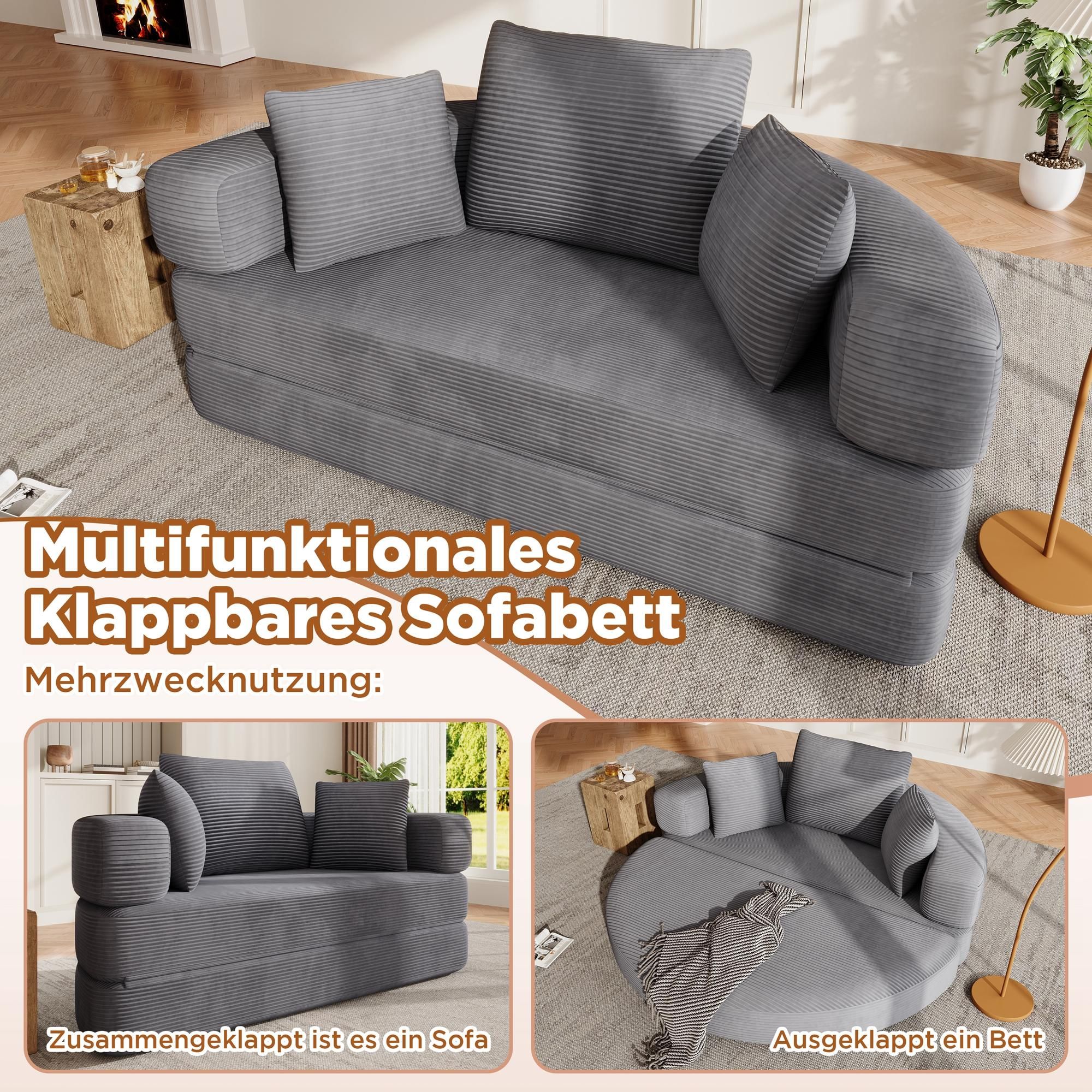 Merax Boneless Schlafsofa Polstersofa, modulares Klappsofabett mit Kissen, ovales Bodensofa aus Cordstoff, 2-in-1 Sofa Bett, Grau