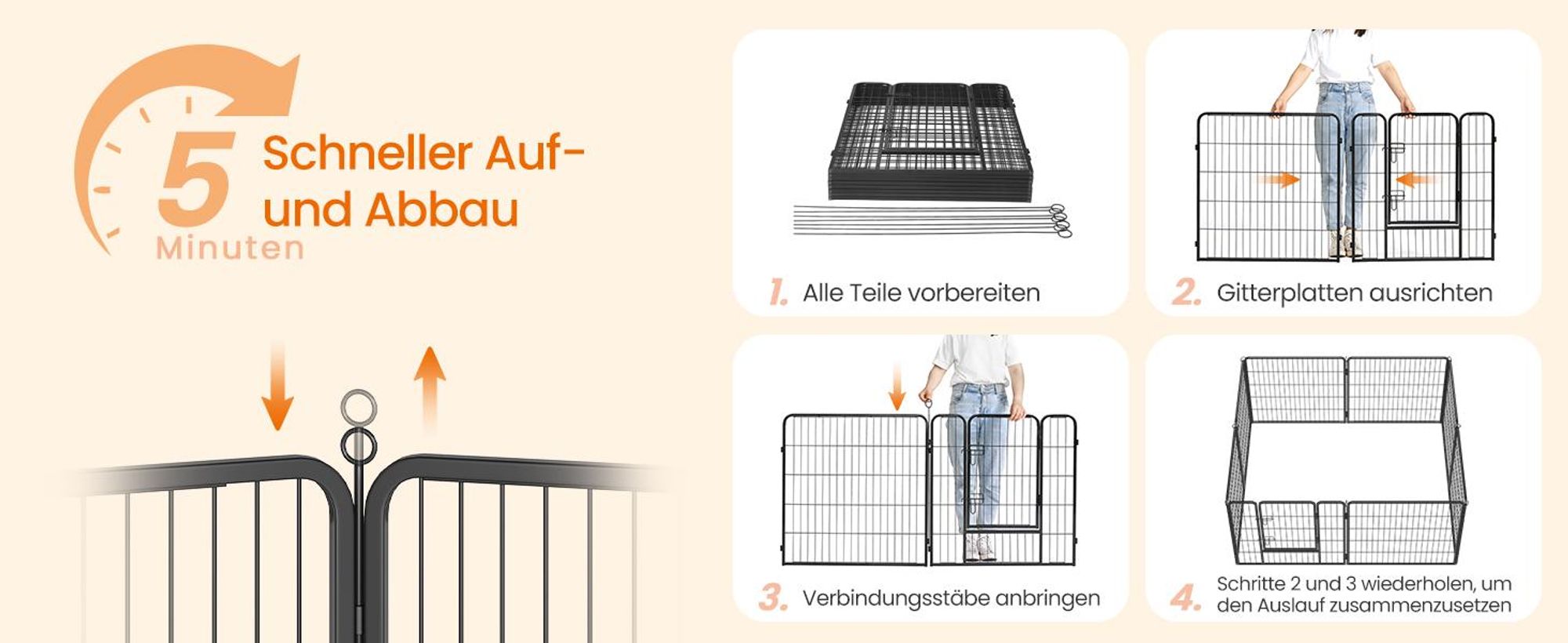 FEANDREA Welpenauslauf, 8 Platten DIY, Doppel-L-Schloss, 77x80cm schwarz PPK88H