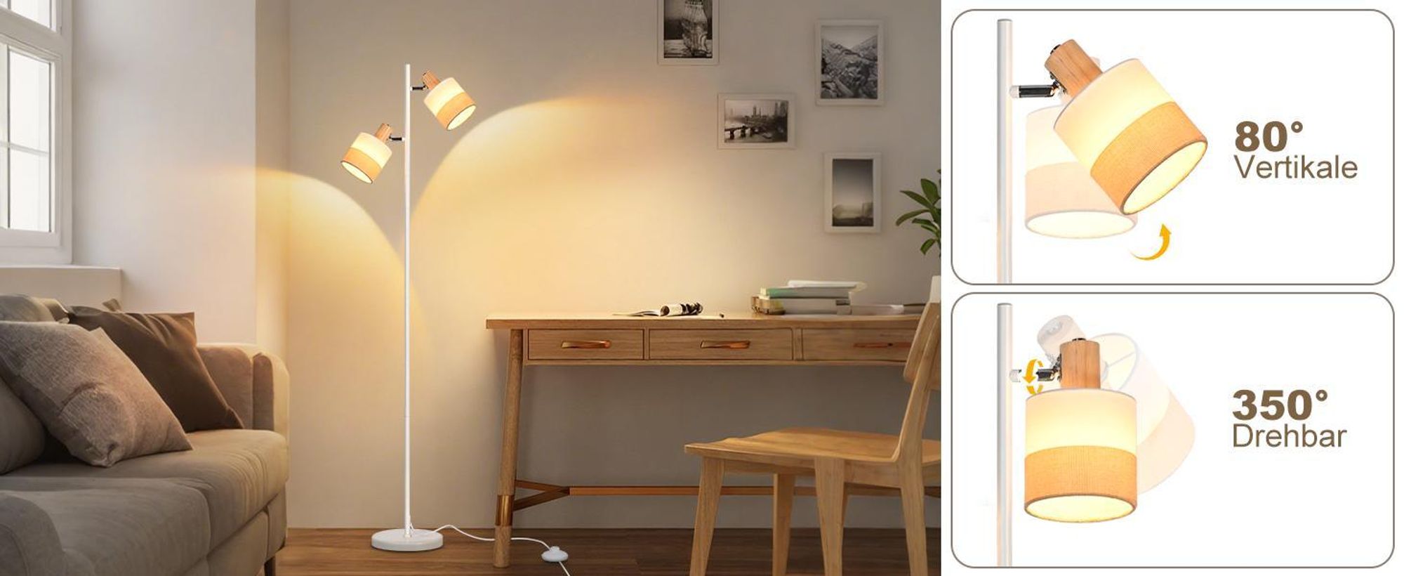 ZMH lampa podłogowa salon lampa podłogowa drewno lampa podłogowa 2 płomienna lampa podłogowa tkanina E14 lampa do czytania obrotowa narożna lampa podłogowa z przełącznikiem nożnym sypialnia