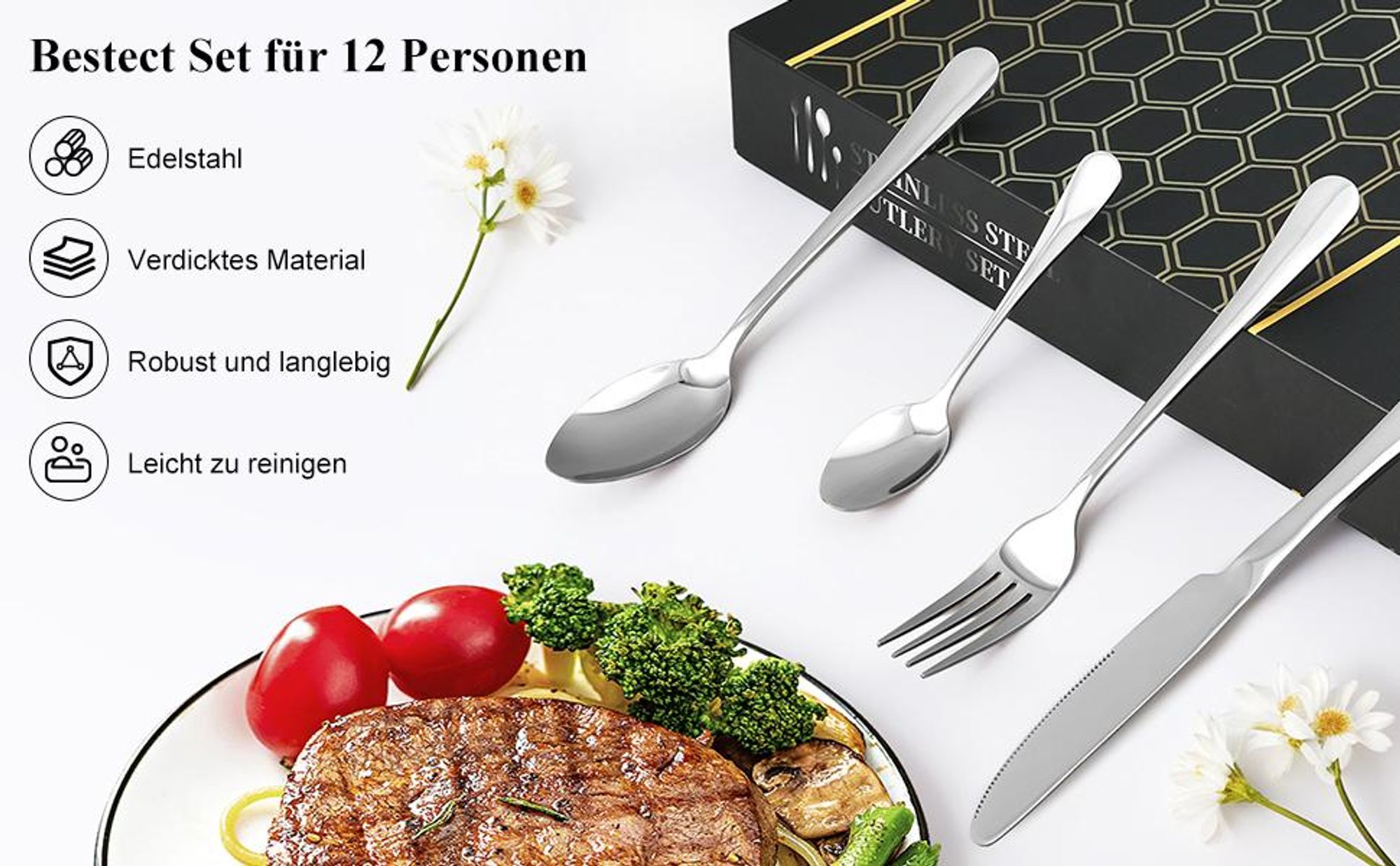 CMYbabee Besteck Set 48-teilig Silber, Edelstahl Besteck Set mit Messer, Gabel und Löffel, Besteck set 12 personen – Spülmaschinenfest, Silber