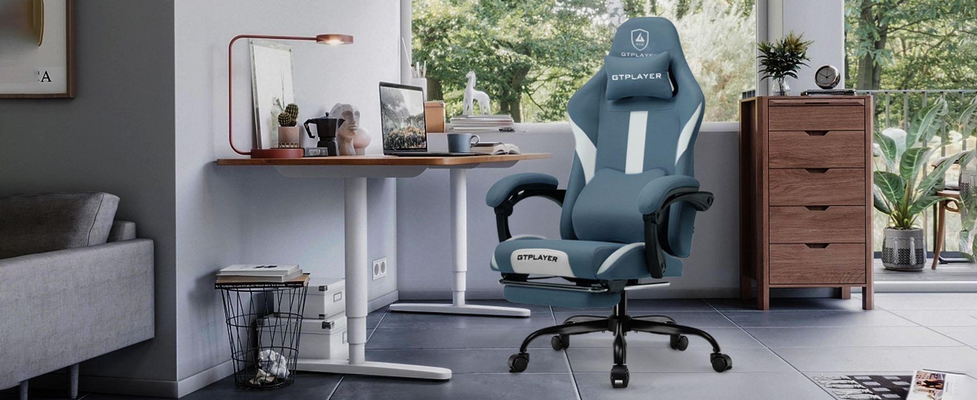 GTPLAYER Gaming Stuhl Ergonomischer Gaming Sessel Schreibtischstuhl mit Stoffoberfläche Atmungsaktiver Bürostuhl Federsitzkissen mit Fußstütze Blau