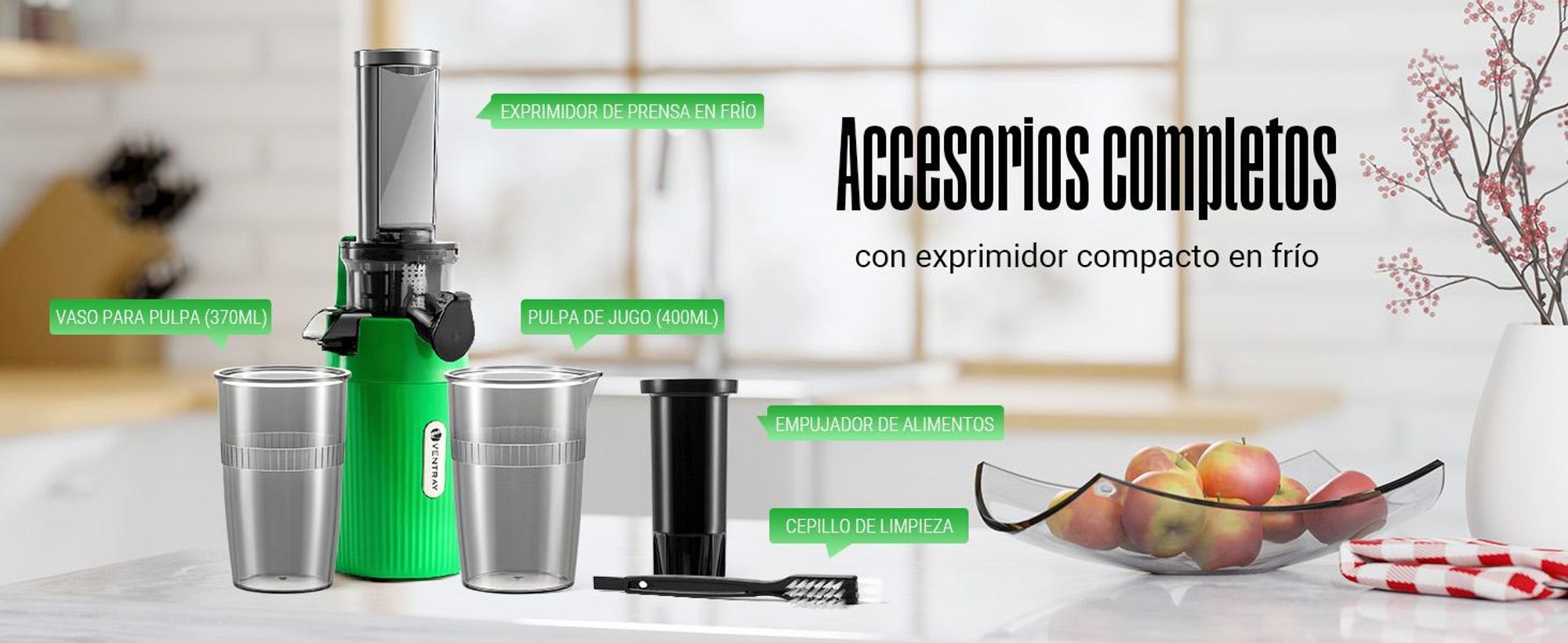 Ventray Essential: Exprimidor Ginnie, tipo cold press, funcionamiento lento, compacto y silencioso (60 RPM, abertura de 45 mm), libre de BPA, con sistema de seguridad, capacidad de 400 ml