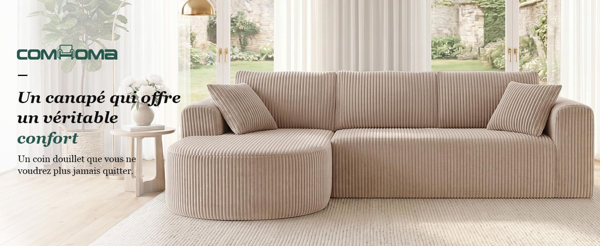 Canapé d'angle COMHOMA avec fonction convertible, 263 cm, en velours, modulaire, sans structure visible, avec chaise longue, canapé d'angle convertible, canapés modulaires avec coussins et poche latérale