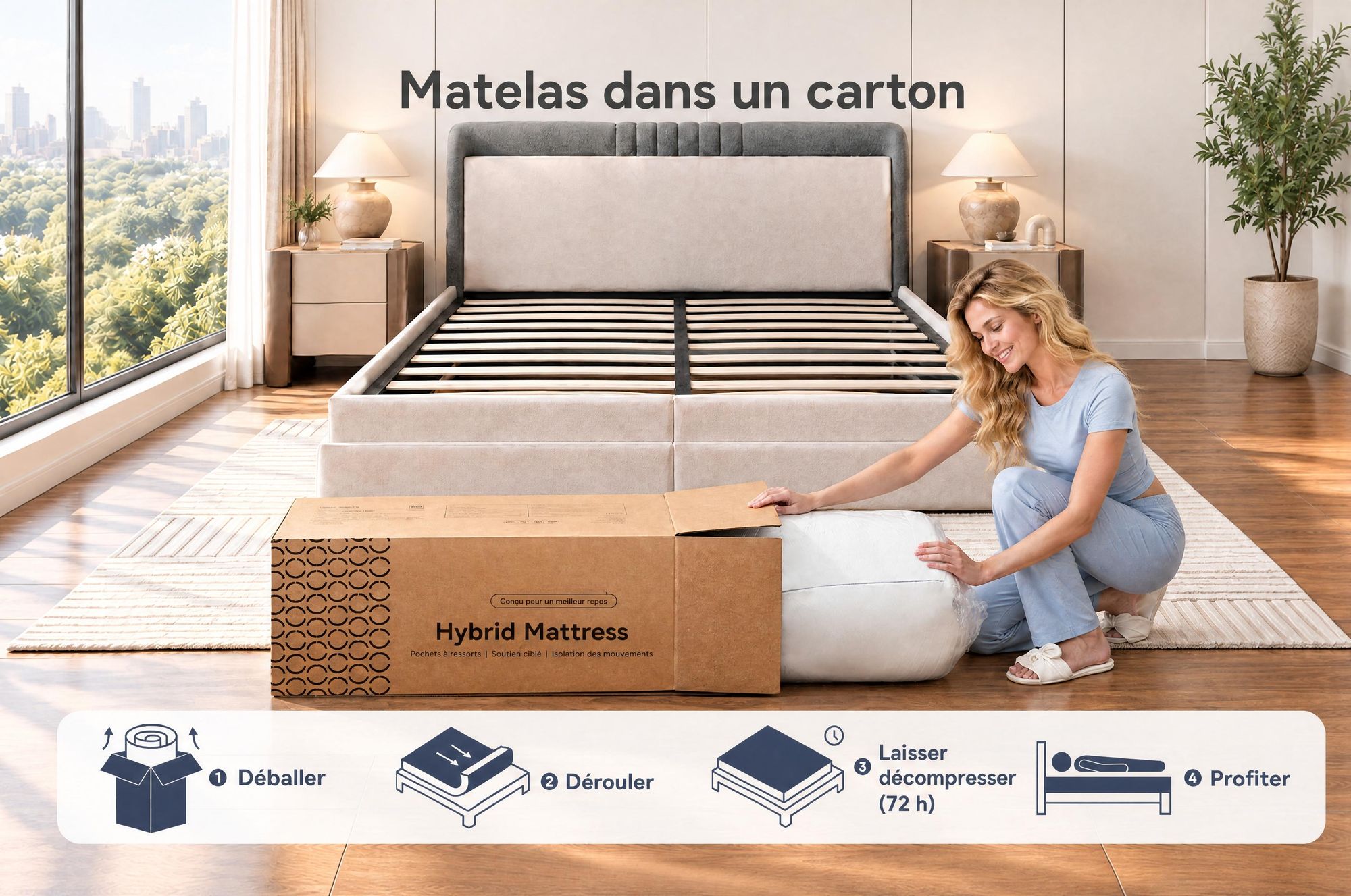 Matelas 180x200 cm, 22 cm d'épaisseur, avec sommier intégré. Matelas à 7 zones avec ressorts ensachés, fermeté H3/H4