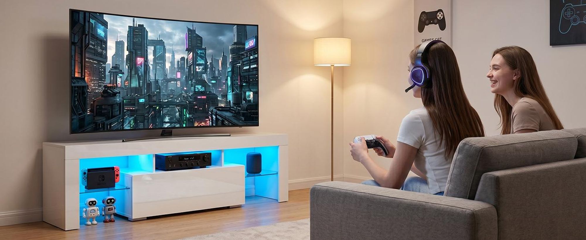 FCH TV-Schrank mit LED Beleuchtung und 1 Schublade TV Lowboard 130 x 35 x 45cm Weiß