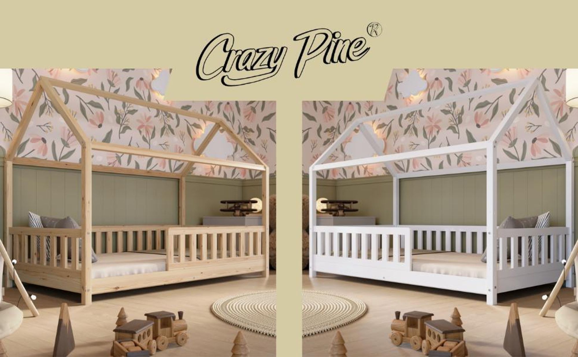 Crazy Pine Lit cabane 80x160 cm - Lit d'enfant en bois naturel - Lit au sol Montessori avec pieds réglables en hauteur - Crazy Blanco