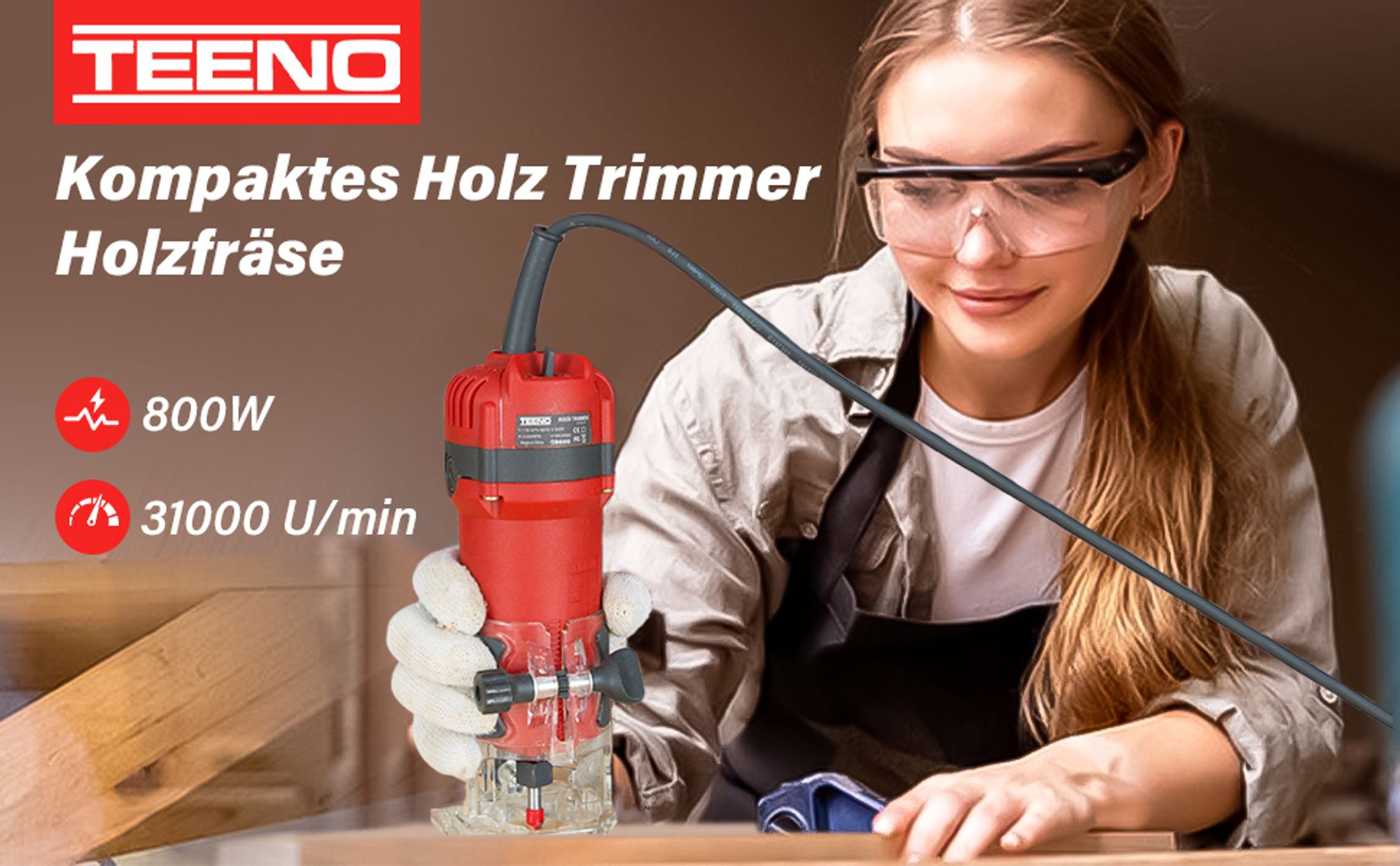 TEENO Holzfräse Oberfräse 800W 31000 U/min, elektrik Kantenfräse mit 15 Stück 1/4 Fräsen Cuter mit Spannzange 6/6,35 MM