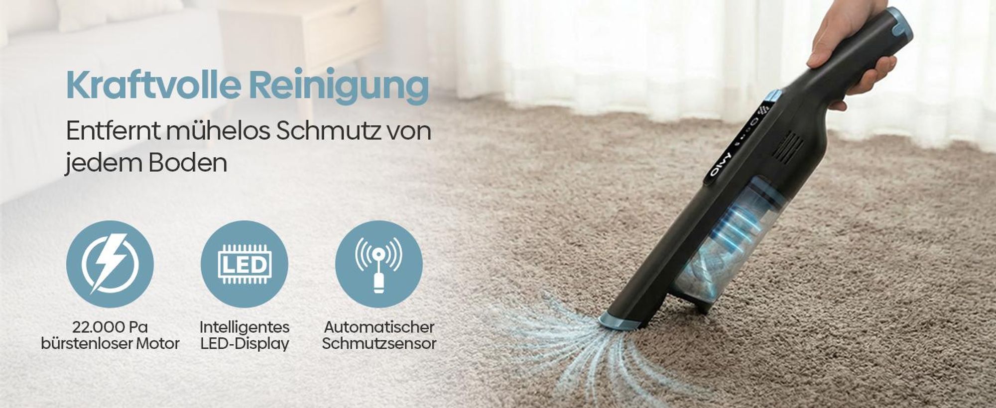 Olvy Handstaubsauger Akku - LCD Display - Dual-Filter & Li-Ion I Inkl. Ladestation - 22000PA Handstaubsauger Auto Staubsauger stark Akkusauger kabel