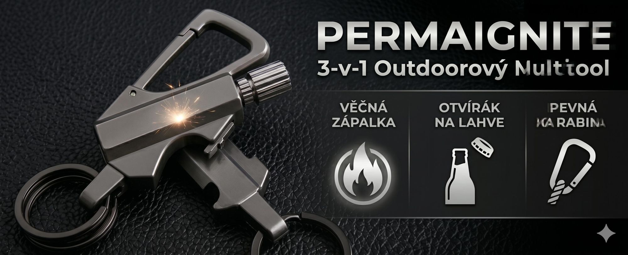 3-v-1 přívěsek na klíče, multifunkční outdoorový nástroj s trvanlivými zápalkami, otvírákem na láhve a karabinou – PERMAIGNITE