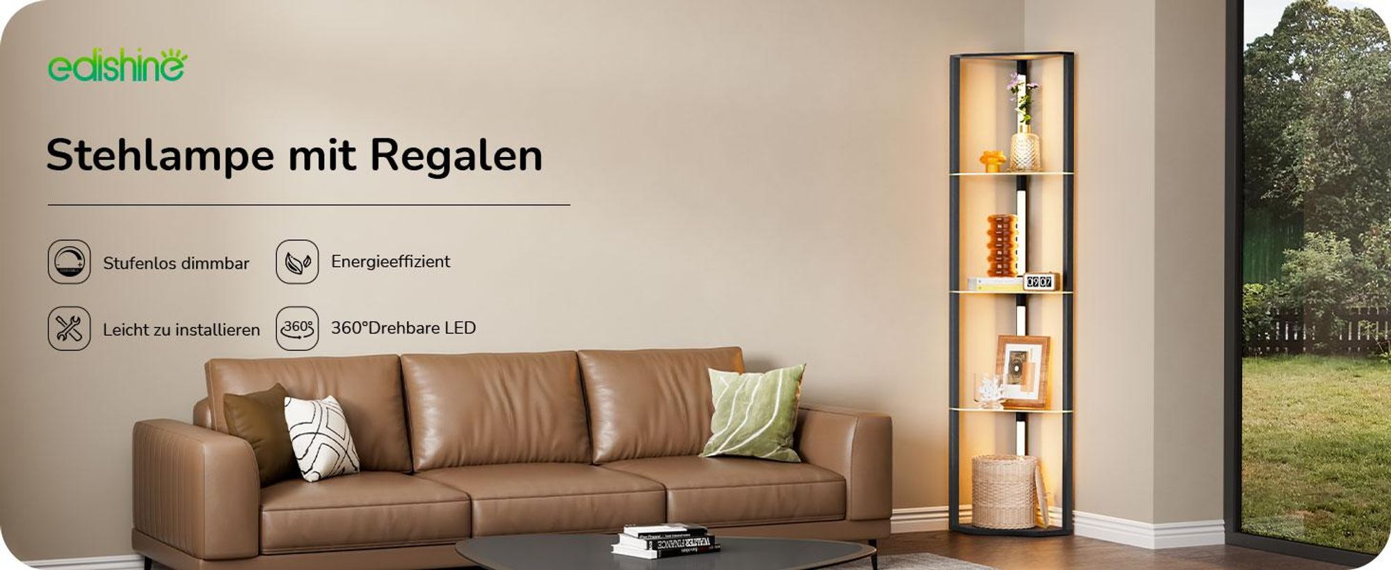 EDISHINE Stehlampe Wohnzimmer Holz, Dimmbar Stehlampe mit 4 Regalen aus Glas, 20W 360°drehbare LED-Stangen, Schwarz
