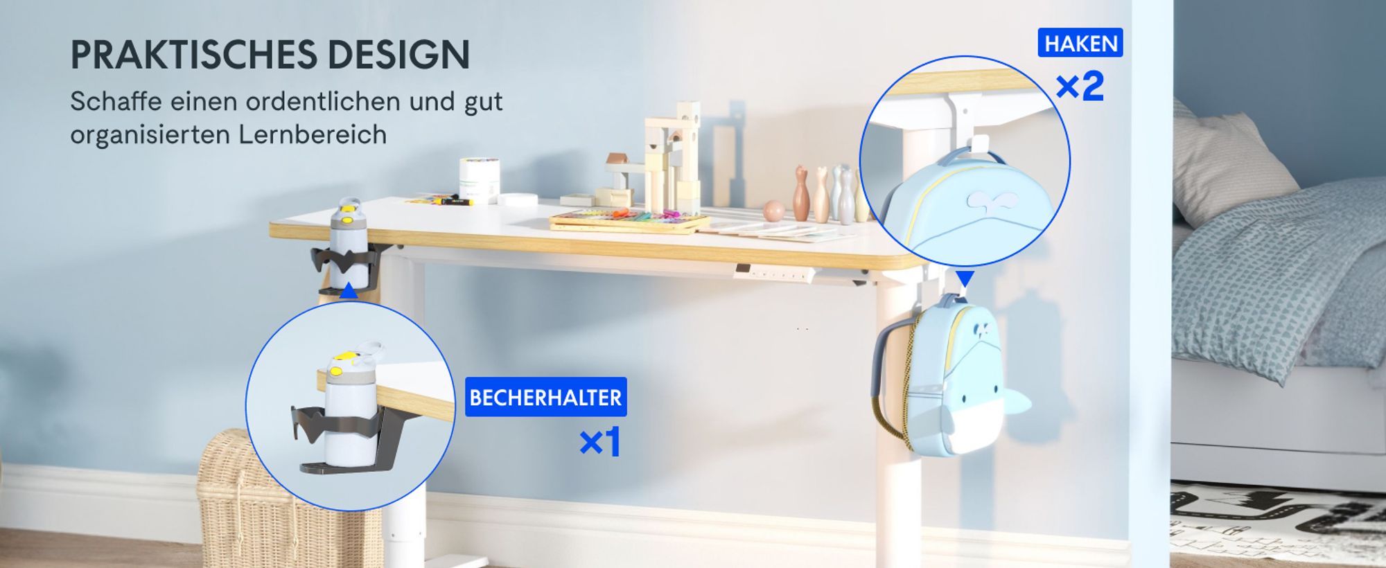 FLEXISPOT Kinderschreibtisch, elektrisch höhenverstellbar Schreibtisch, für Kinder ab 6 Jahren, mit LED-Anzeige, 3 Speicherplätzen, Kindersicherung