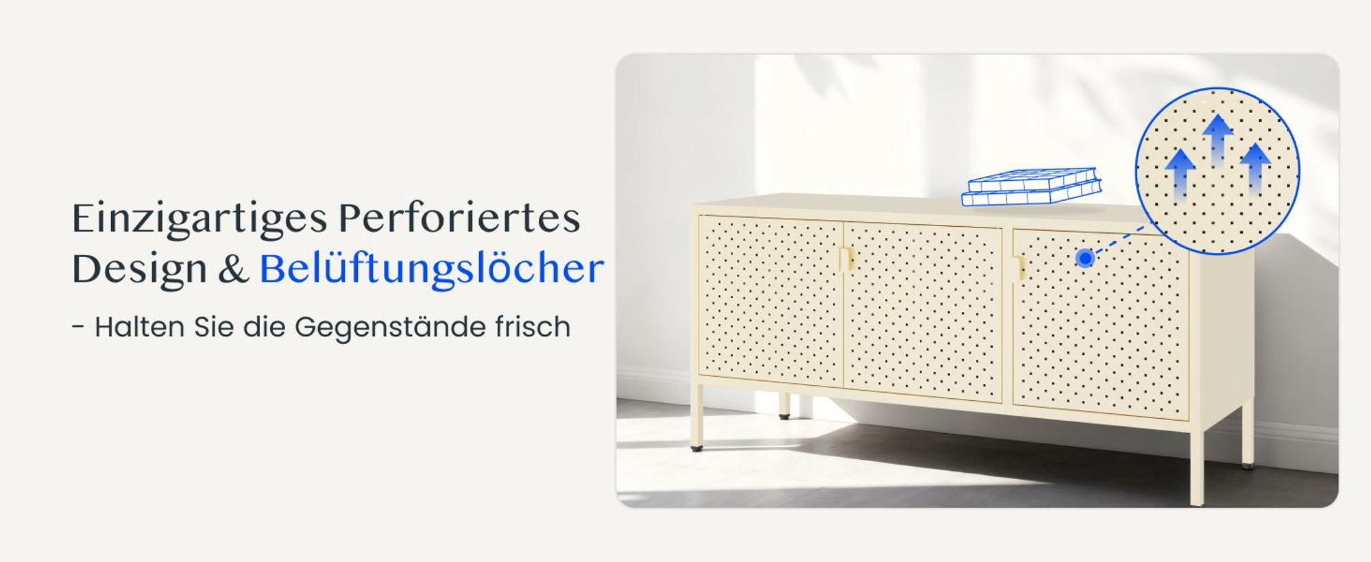 FLEXISPOT TV Schrank Metall – Sideboard mit Lüftungslöchern, 3 Türen & verstellbaren Füßen für Wohnzimmer, Büro, Schlafzimmer, 118x39x55 cm, Gelb