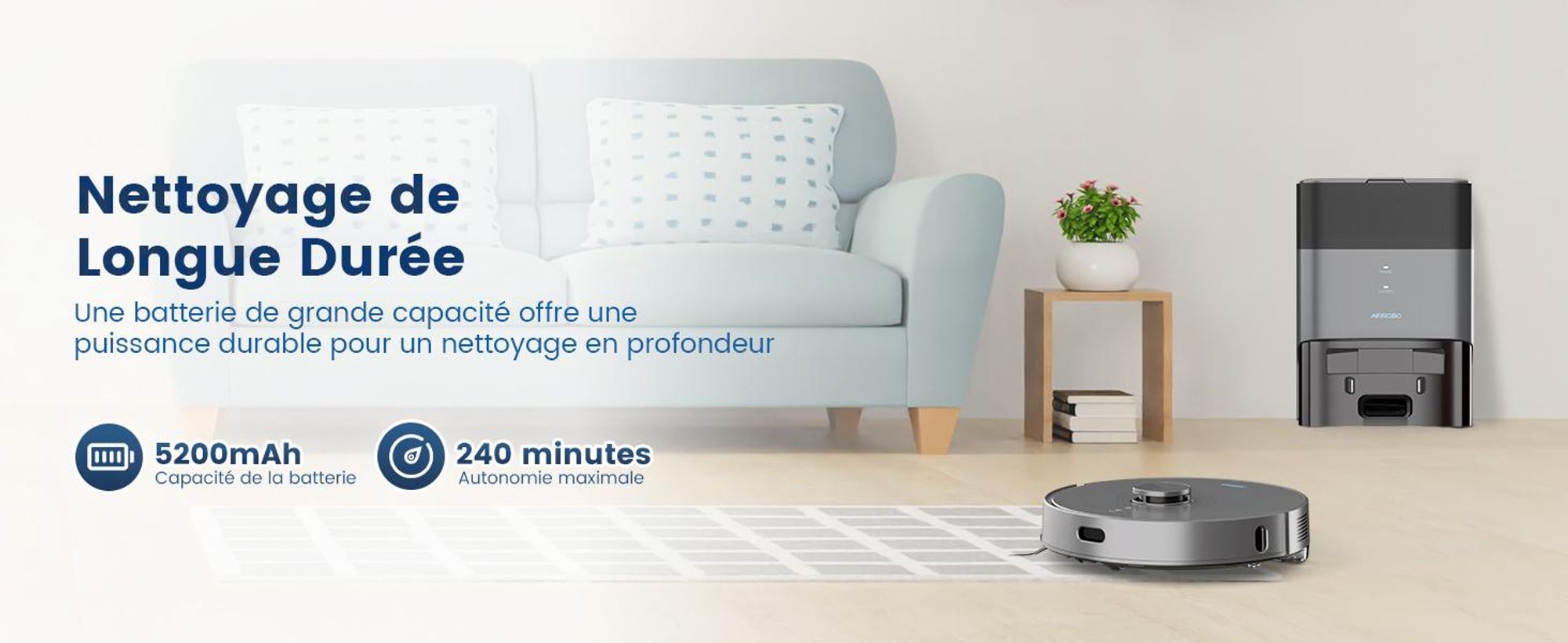 Robot aspirateur AIRROBO L50+ avec fonctions d'aspiration et de lavage, puissance d'aspiration de 10 000 Pa, autonomie de 240 minutes