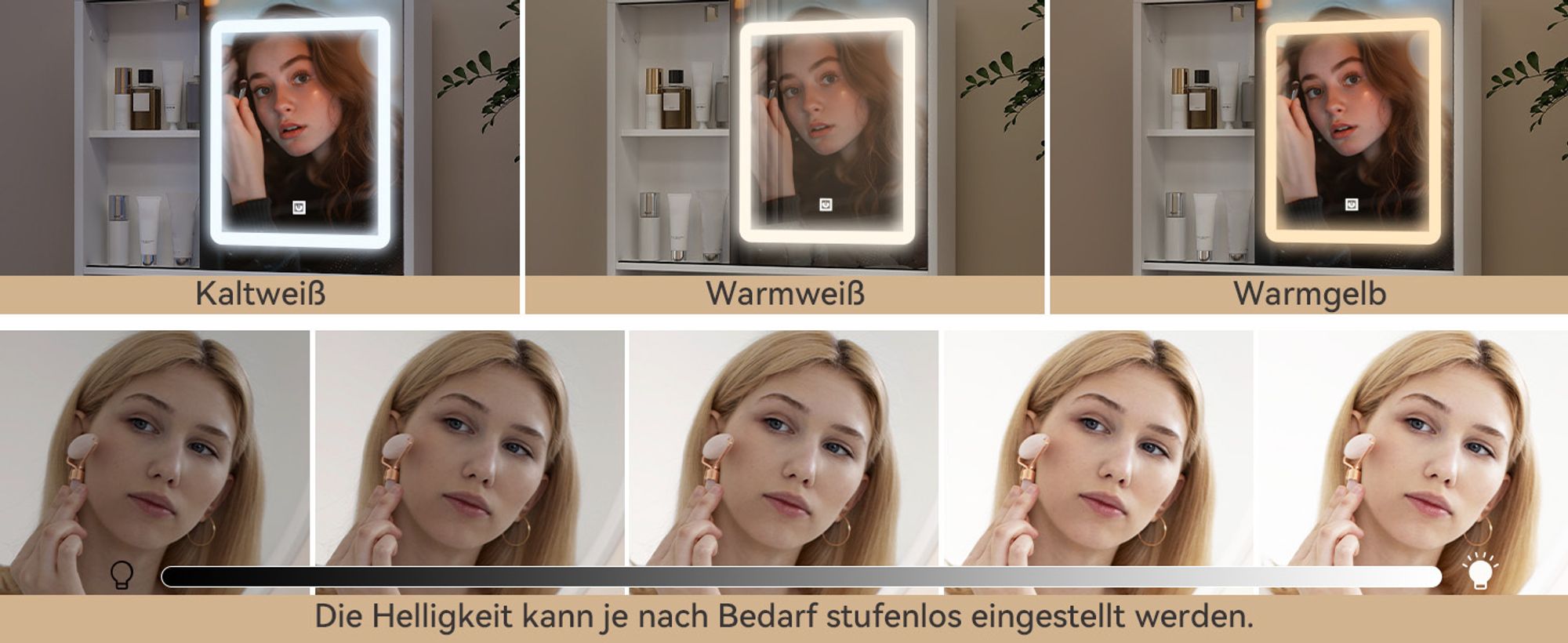 Puluomis Schminktisch mit LED Beleuchtung Spiegel, Kosmetiktisch Frisiertisch mit Schubladen,3 Beleuchtungmodi, weiß Holzfarbe