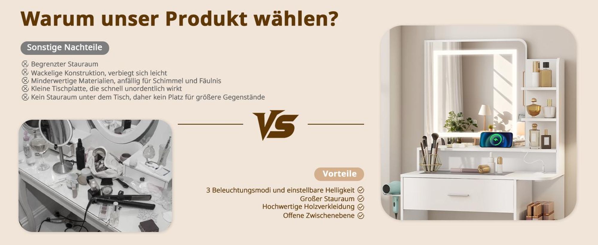 Puluomis Schminktisch mit dimmbarer LED Beleuchtung, Frisiertisch mit Schublade, Föhnhalter, USB & Steckdosen, Glasplatte, Hocker mit Lagerung weiß